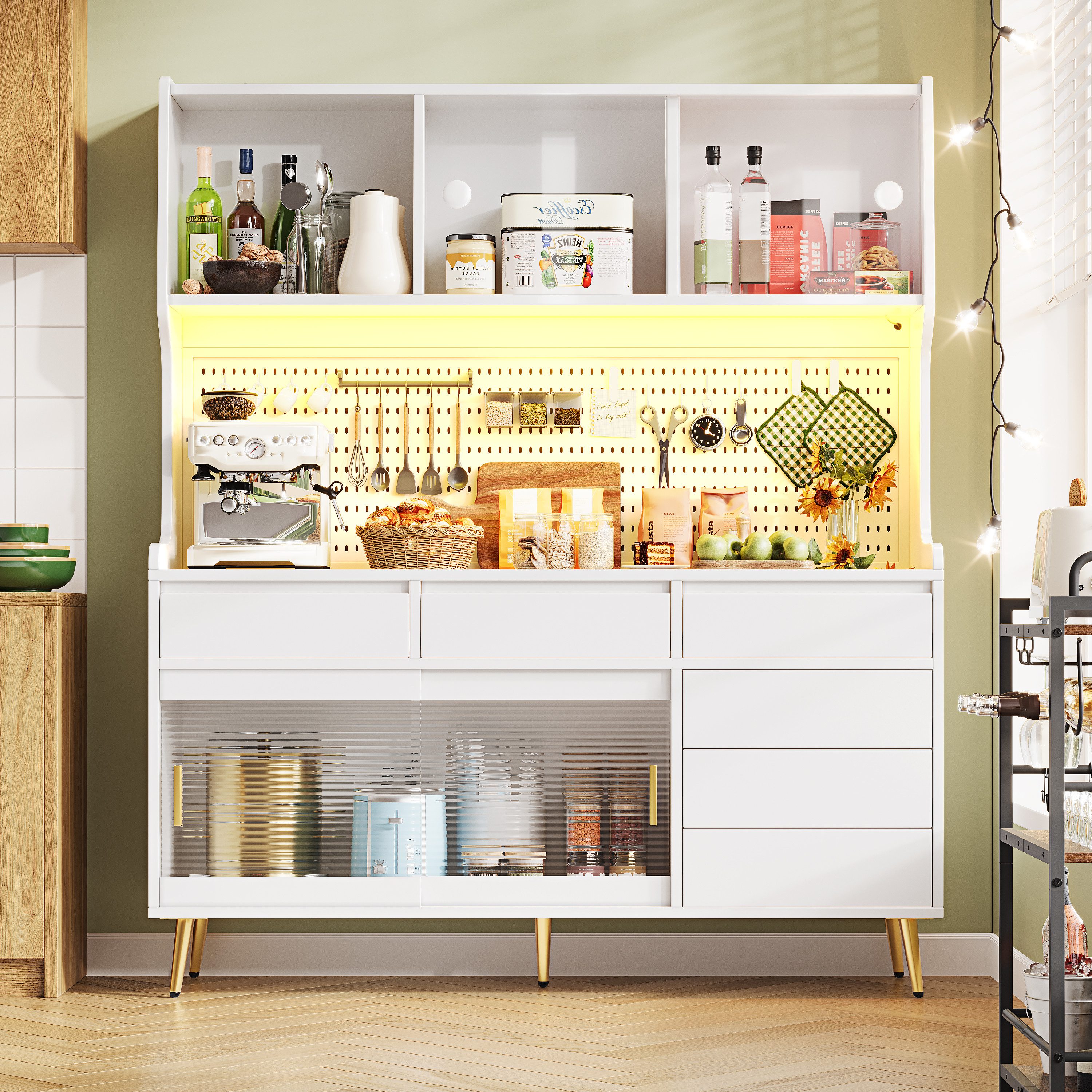 Celya Hochschrank mit App-Steuerung-LED Beleuchtung und Lochwand (145x39x171cm, mit 6 Schublade und Sideboard) für Wohnzimmer, Esszimmer oder Flur