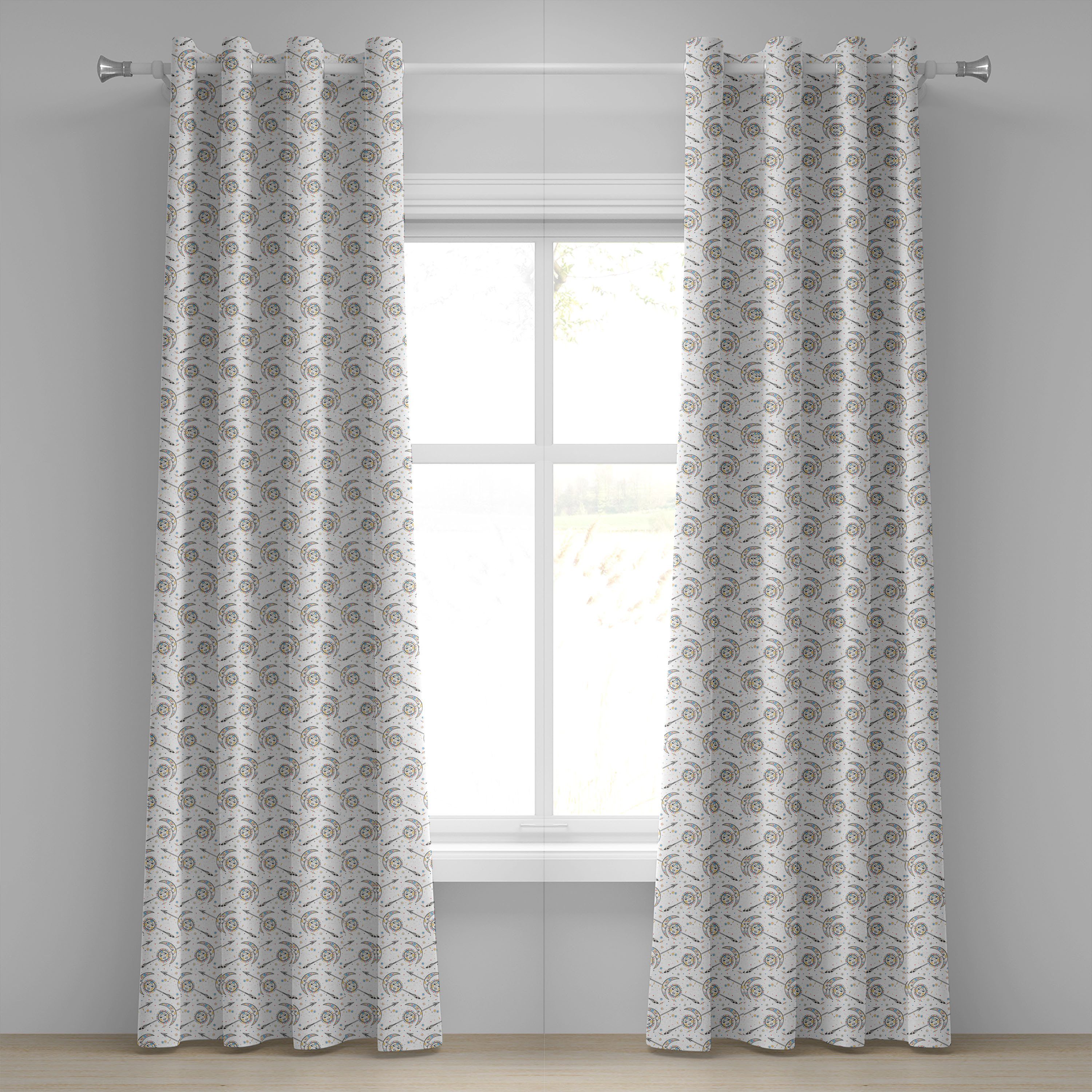 Gardine Dekorative 2-Panel-Fenstervorhänge für Schlafzimmer Wohnzimmer, Abakuhaus, Jahrgang Mond Sonne Pfeil-Grafik