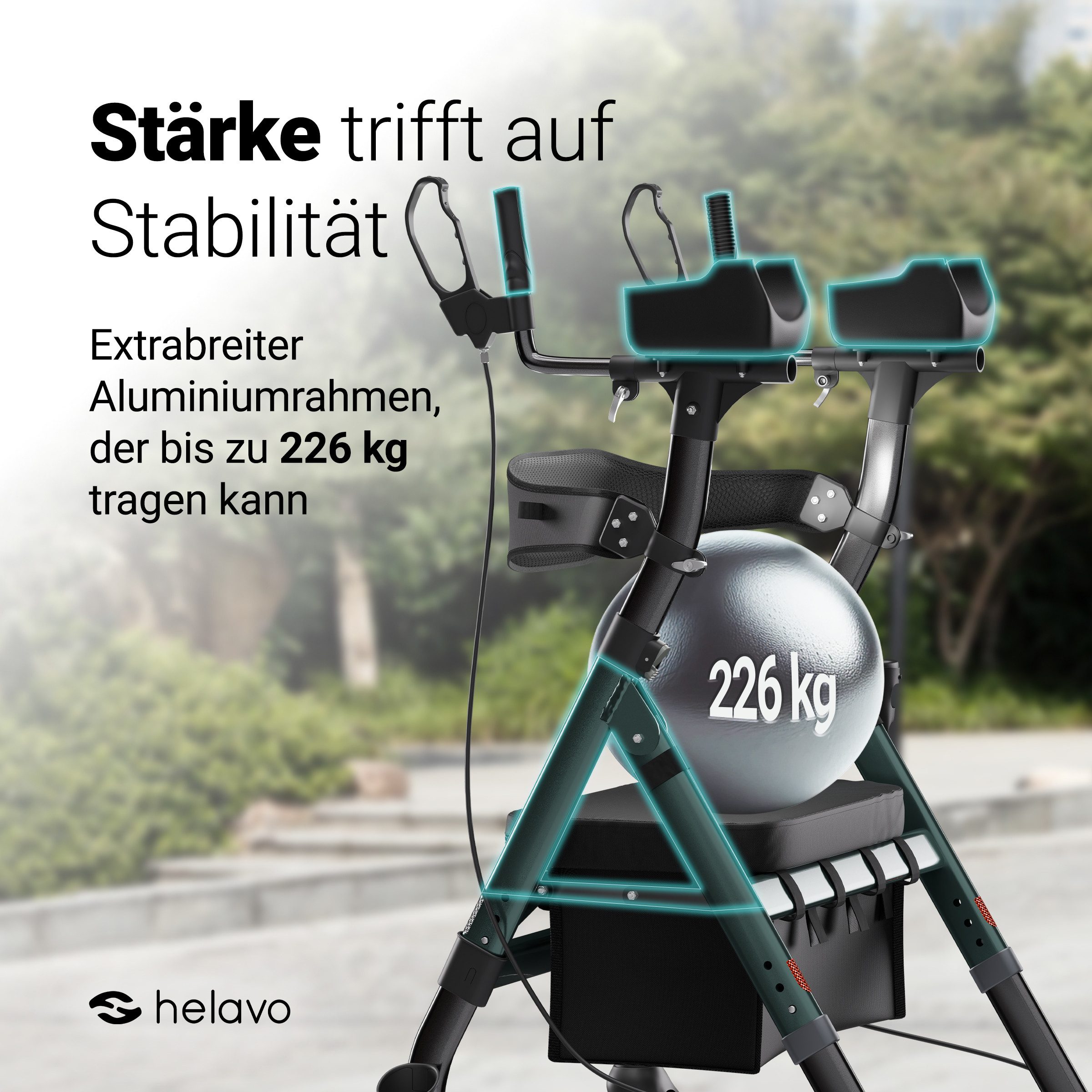 Helavo Rollator H1360, Upright Schwerlastrollator mit Unterarmstützen, Sitz & Tasche