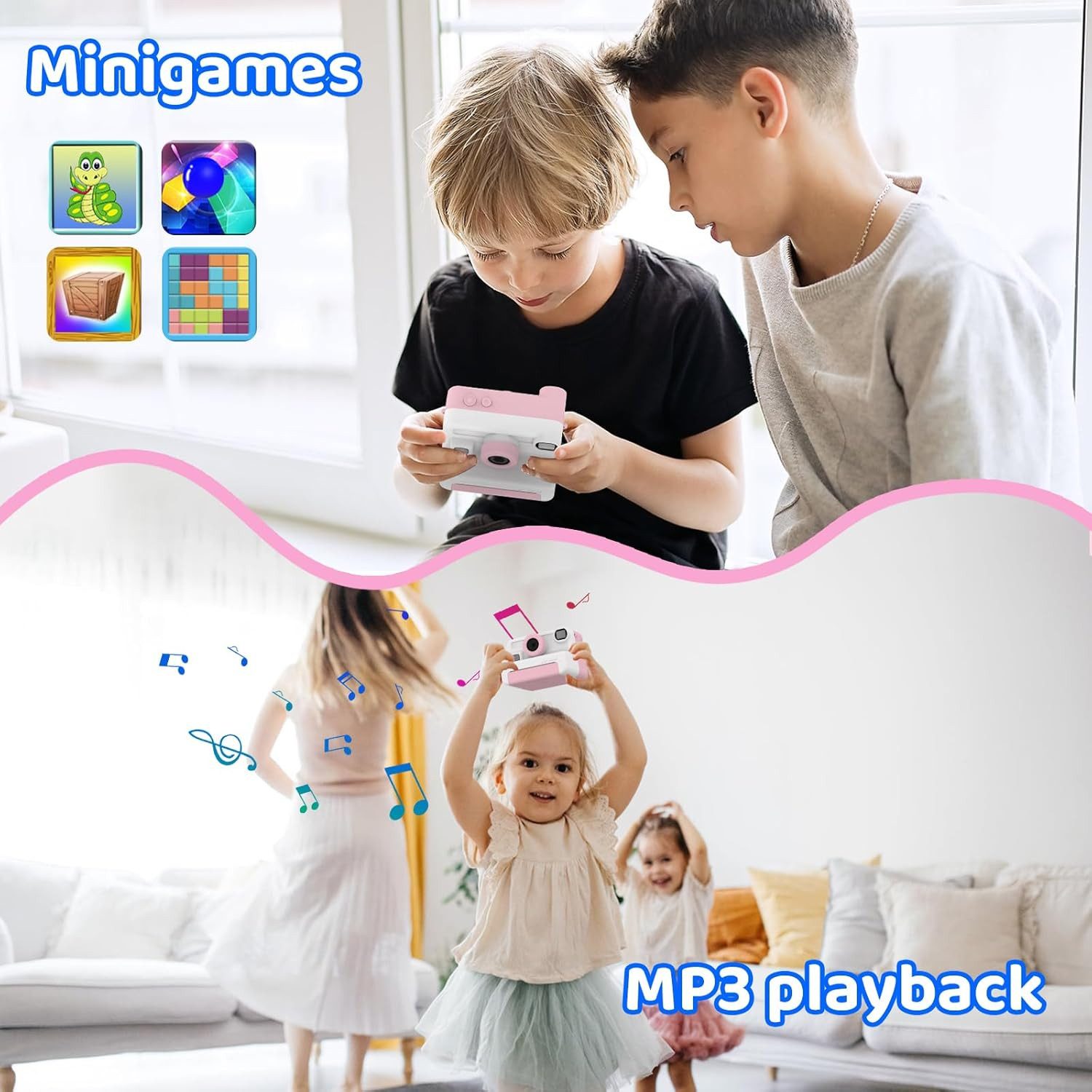 AMZSA Kinderkamera Sofortdruck 1080P HD mit 32GB Karte Sofortbildkamera Sofortbildkamera (inkl. Kinderkamera Set mit Druckpapier Stiften Stickern und 32GB Karte, Sofortdruck 1080P Video 32GB Karte Spiele kompakte Bauweise)