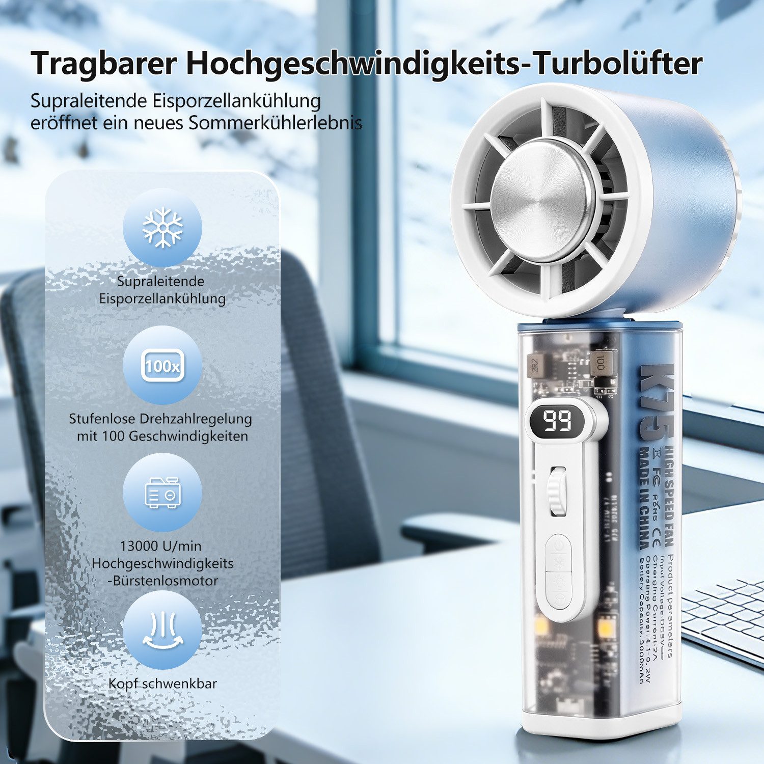 CkeyiN Handventilator Ventilator Akku Eisporzellankühlung Automatisch Oszillierend Tragbar, 100 Windgeschwindigkeiten 3000 mAh Akku LED-Display Licht Klein Lüfter