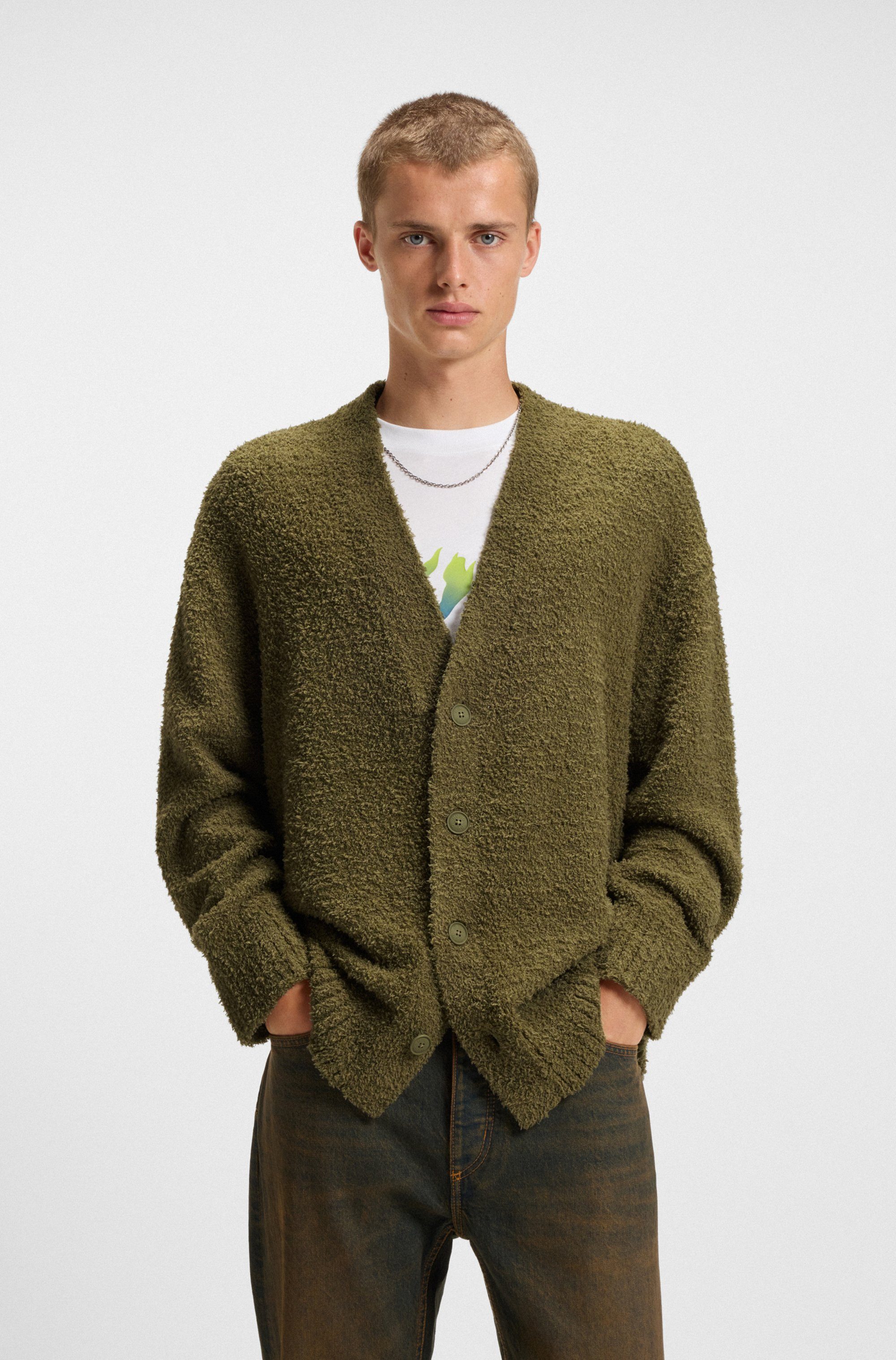 HUGO Blue Strickjacke Sonou V-Ausschnitt, Oversized fit, Bouclé-Strick