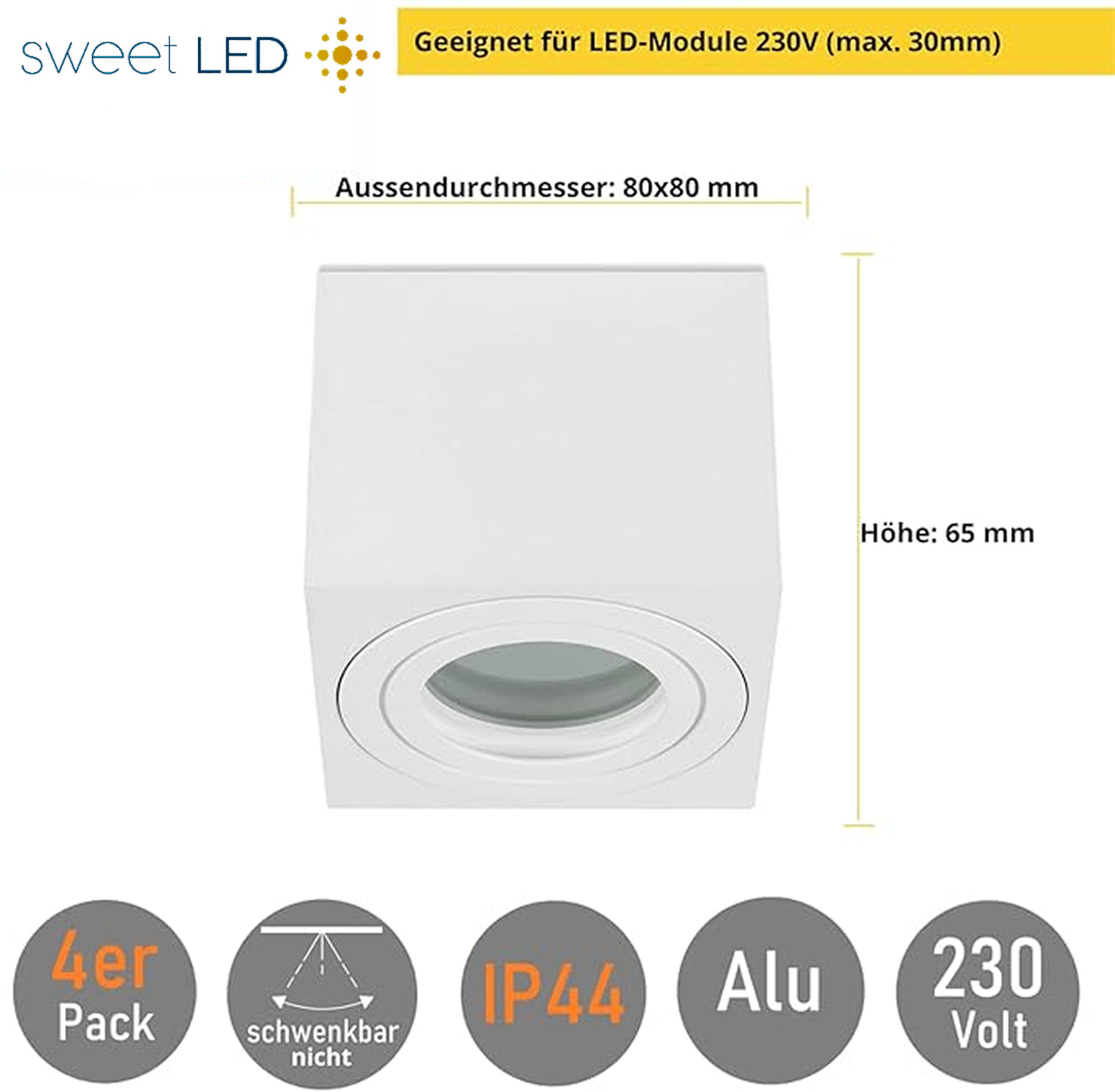 Sweet LED Aufbauleuchte 4er Set flach & eckig IP44 Deckenspots für Küche & Bad, ohne Leuchtmittel, LED Aufbaustrahler, spritzwassergeschützt
