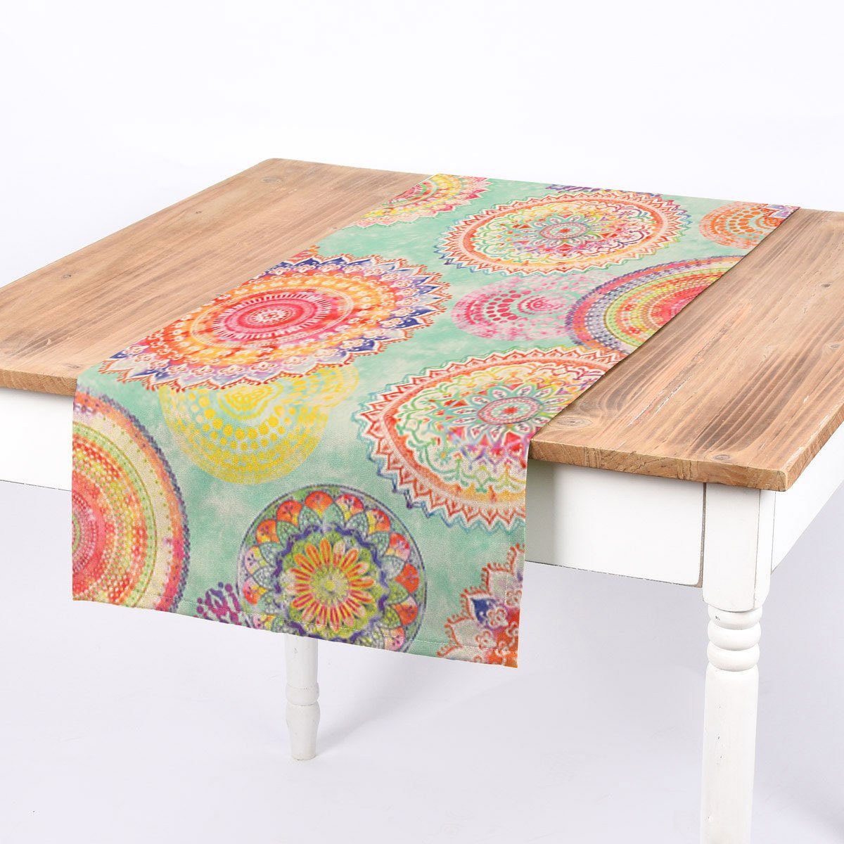 SCHÖNER LEBEN. Tischläufer Outdoor Mandala Watercolour mint bunt, abwaschbar