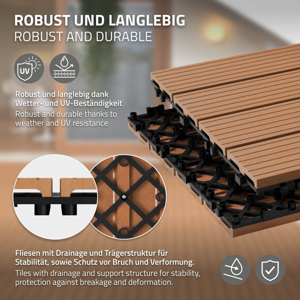 ECD Germany Terrassendielen WPC Bodenplatte Terrassenfliesen Fliesen mit Drainage und Klicksystem, BxL: je 30x60 cm, 22 mm Stärke, Bodenbelag 1m²/6 Stück Hellbraun rutschfest Balkonfliesen