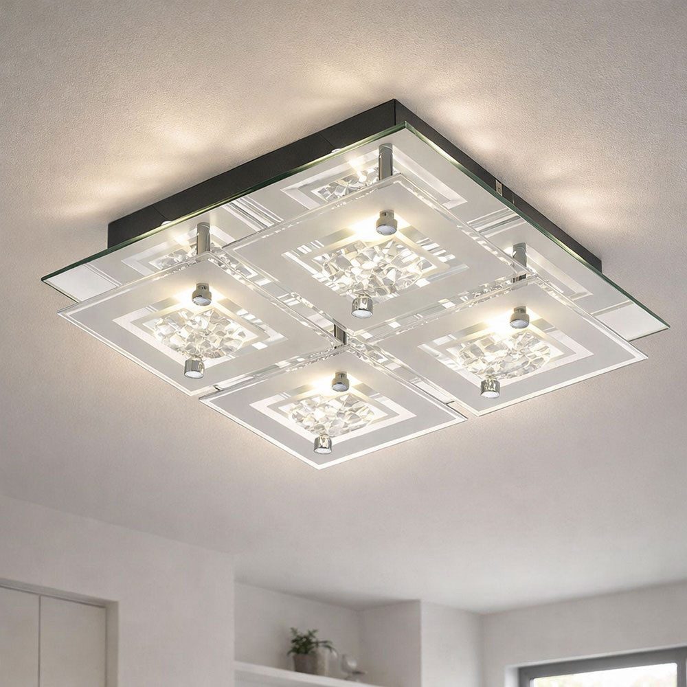 Esto LED Deckenleuchte, LED-Leuchtmittel fest verbaut, Neutralweiß, 12 Watt LED Decken Lampe Leuchte Chrom Glas satiniert Kristalle Esto