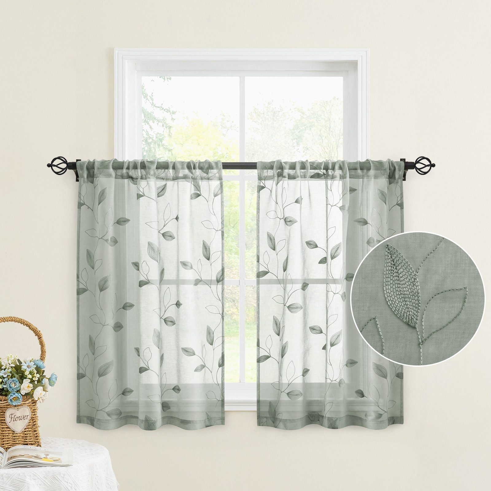BYSURE Gardine Voile Scheibengardinen modern Wohnzimmer Bistrogardine für Küche, Bad (2 St), Stangendurchzug, transparent, Küchenvorhänge, besticktes Blattmuster, Vorhänge für kleine Fenster