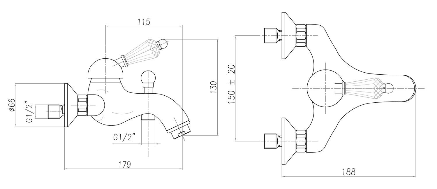 Sapho Wannenarmatur KIRKÉ CRYSTAL Wannenarmatur, kristallen Hebel, Gold Sapho-KI10KZ