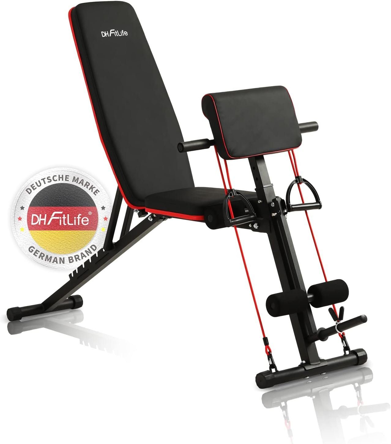 DH FitLife Hantelbank klappbar verstellbar, (Modell 1 mit Curlbank und Beinstrecker, Schrägbank & Flachbank für Bankdrücken, Rückentrainer u. Bauchtrainer), Trainingsbank Fitnessbank multifunktional für Fitness u. Krafttraining