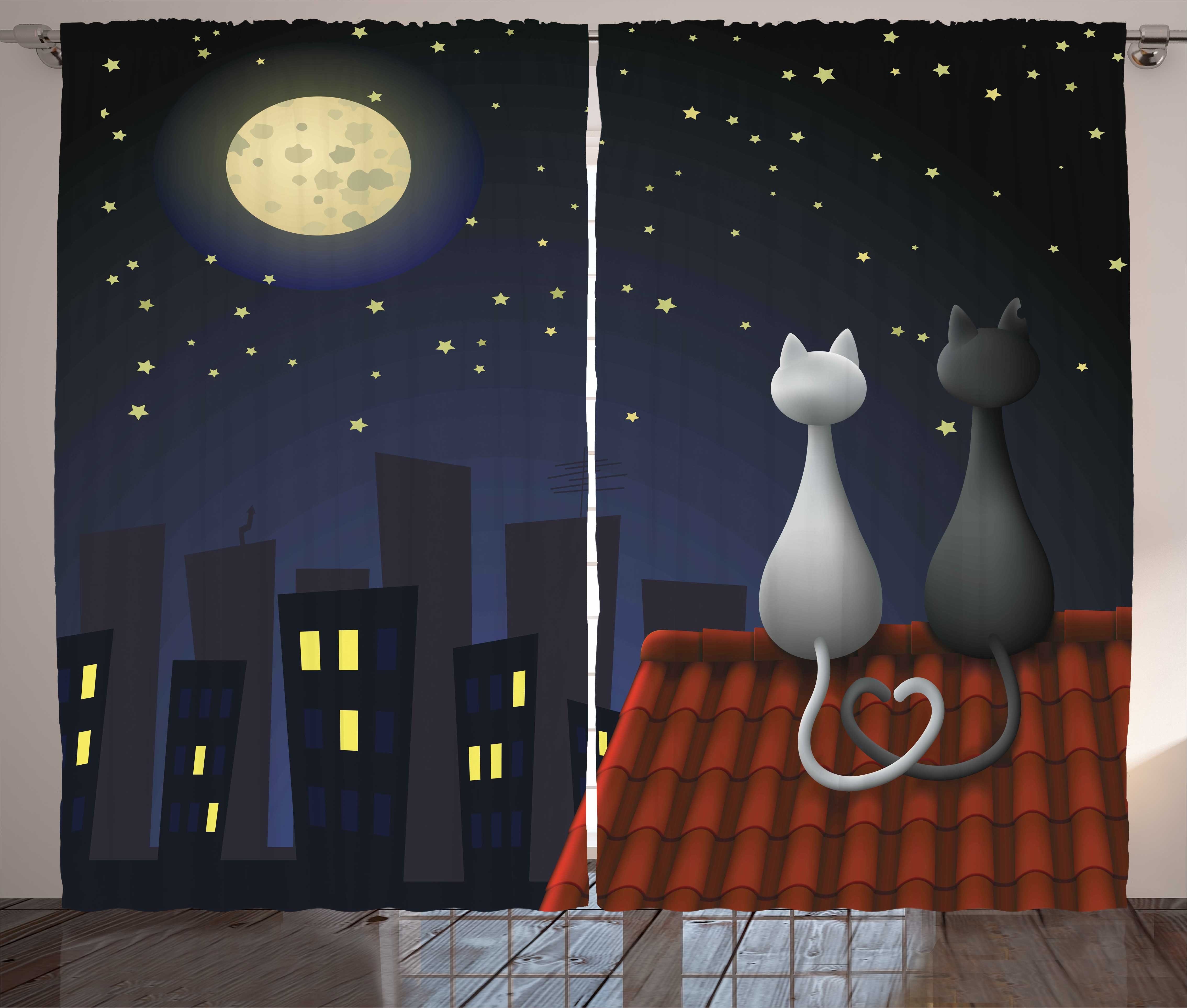 Gardine Schlafzimmer Kräuselband Schlaufen Valentines auf Katzen dem und Haken, Vorhang Tier Abakuhaus, mit Dach