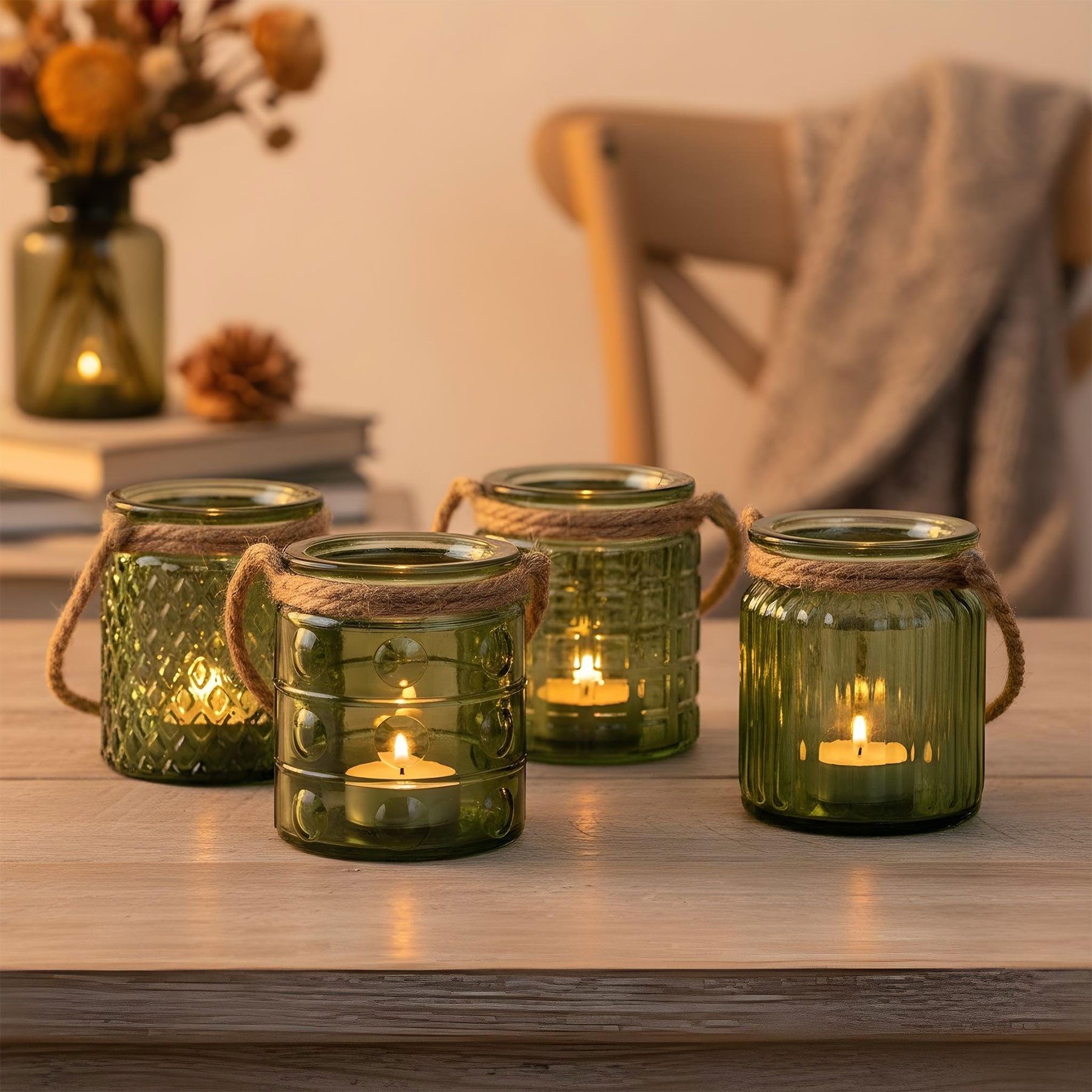 Levandeo® Teelichthalter, 4er Set Windlicht Glas Grün Khaki H10cm Teelichthalter Tischdeko