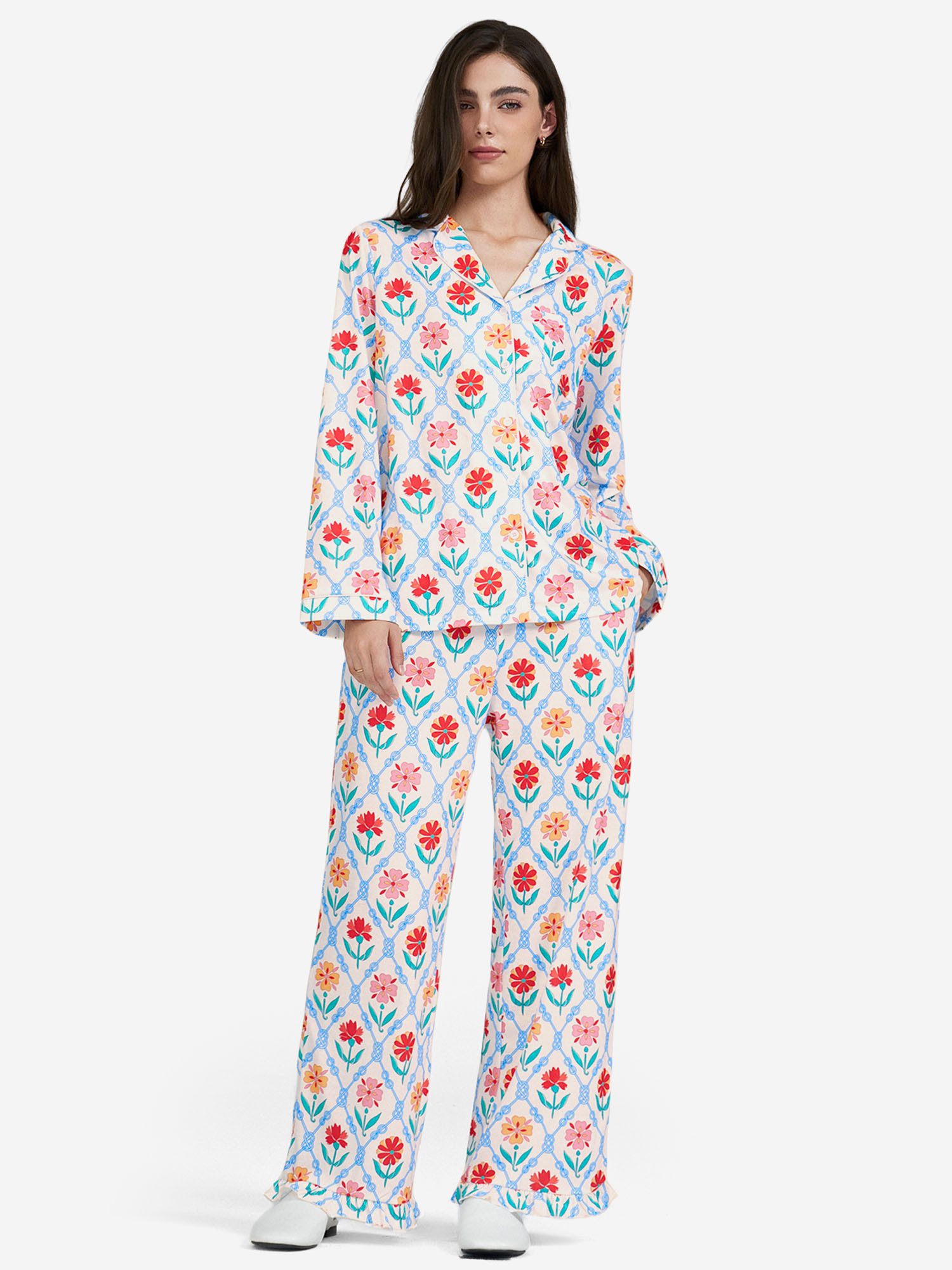 Imily Bela Hausanzug Damen Zweiteiliger Pyjama-Set (Set, 2 tlg., Print Hemd + weiter Hose) mit Knopfleiste