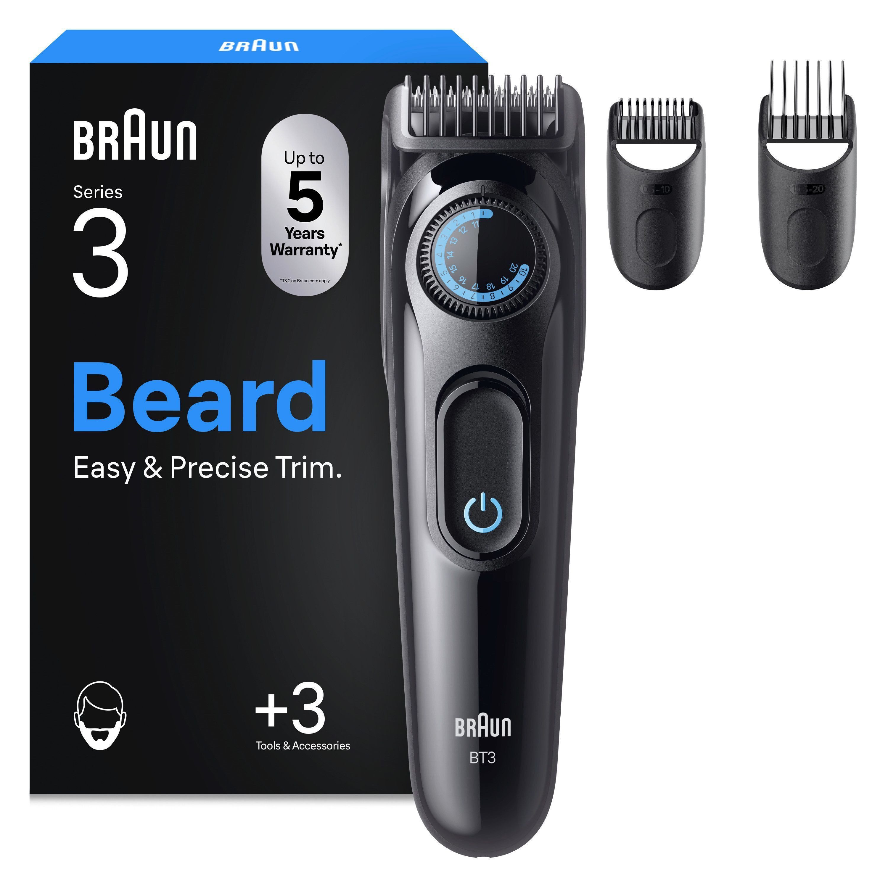 Braun Haarschneider Barttrimmer Series 3 BT3520, ultrascharfe Klinge, 50 Min Akkulaufzeit, 40 Längeneinstellungen