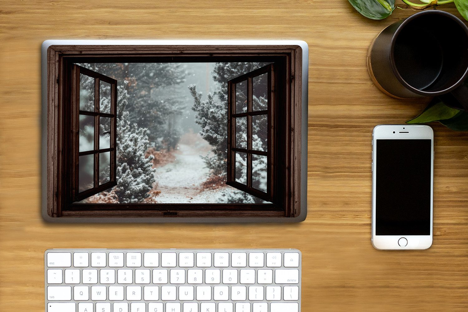 Thumbnail - MuchoWow Laptop-Aufkleber Wald - Winter - Bäume - Natur - Weg - Aussicht, (1tlg), Laptop Folien Cover, Aufkleber, Sticke...