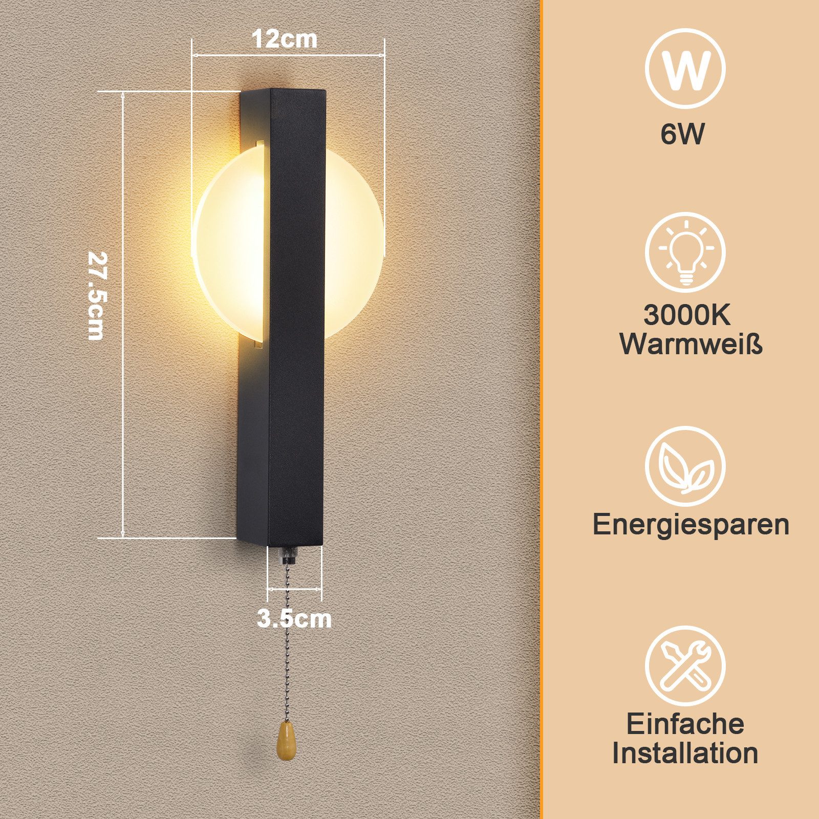Nettlife LED Wandleuchte Innen Schwarz Modern Flurlempe mit Zugschalter 3000K 6W, LED fest integriert, Warmweiß, Wandlampe für Schlafzimmer, Wohnzimmer, Flur