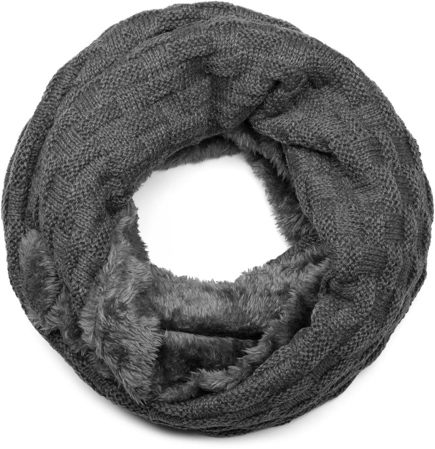 Strickschal Feinstrick Loop mit Flecht Muster und Teddyfleece