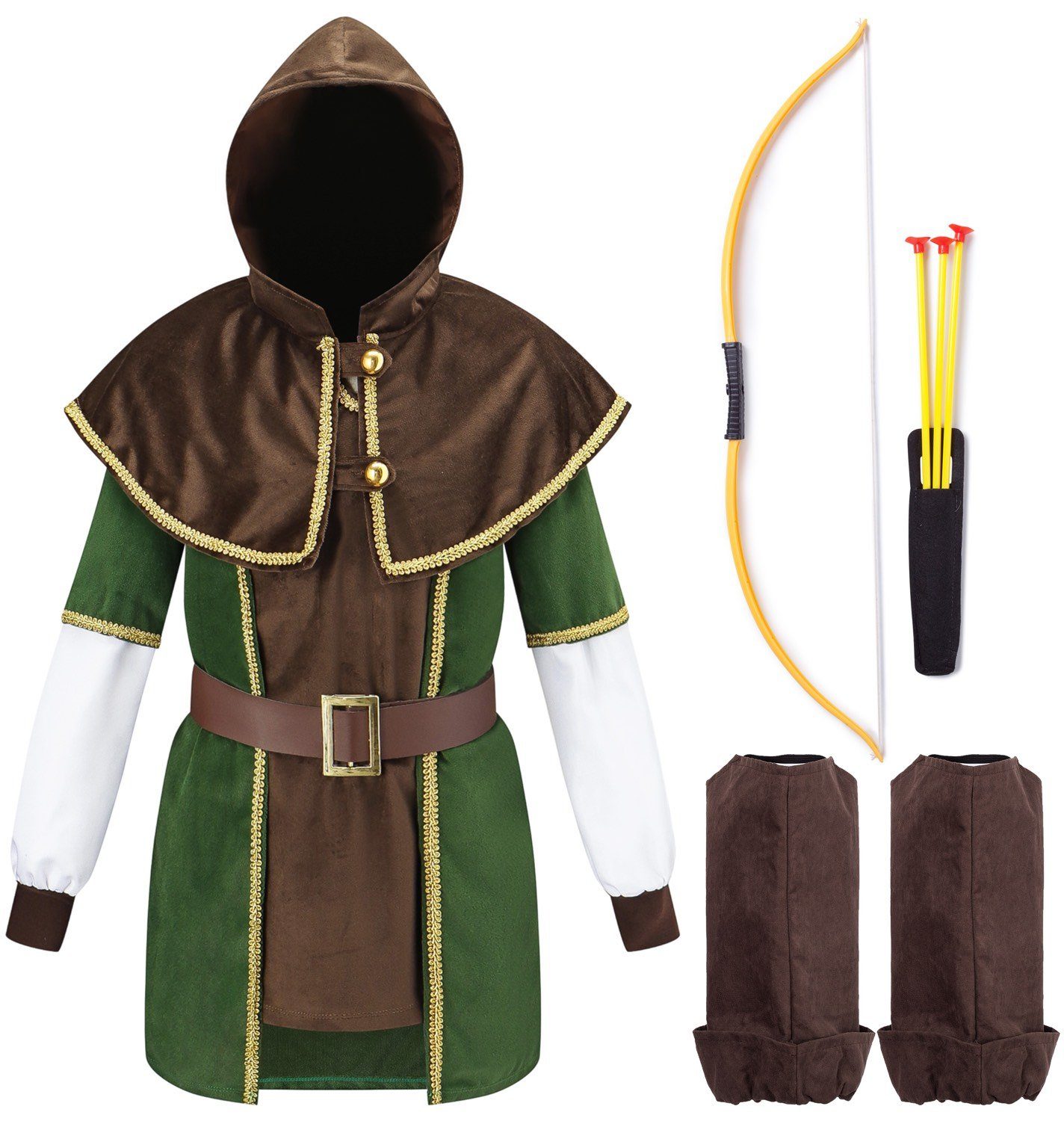 Corimori Ritter-Kostüm Robin Hood Karnevalskostüm Set, Kinder, braun/grün, Fasching, Kostüm, Mittelalterfest, Jungen, mit Pfeil und Bogen