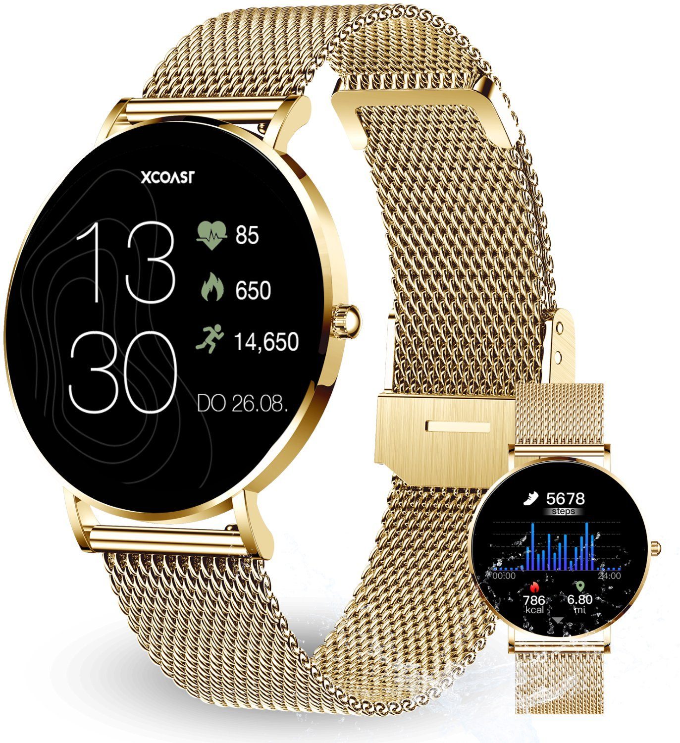 XCOAST SIONA 2 Damen Smartwatch (4,2 cm/1,3 Zoll, iOS Android) classic gold, Fitness Tracker, AMOLED, Blutsauerstoffmesser, 3-tlg., neueste Generation, Wasserdicht, ultra flach, Puls, Blutdruck, brillante Цвета(ов)