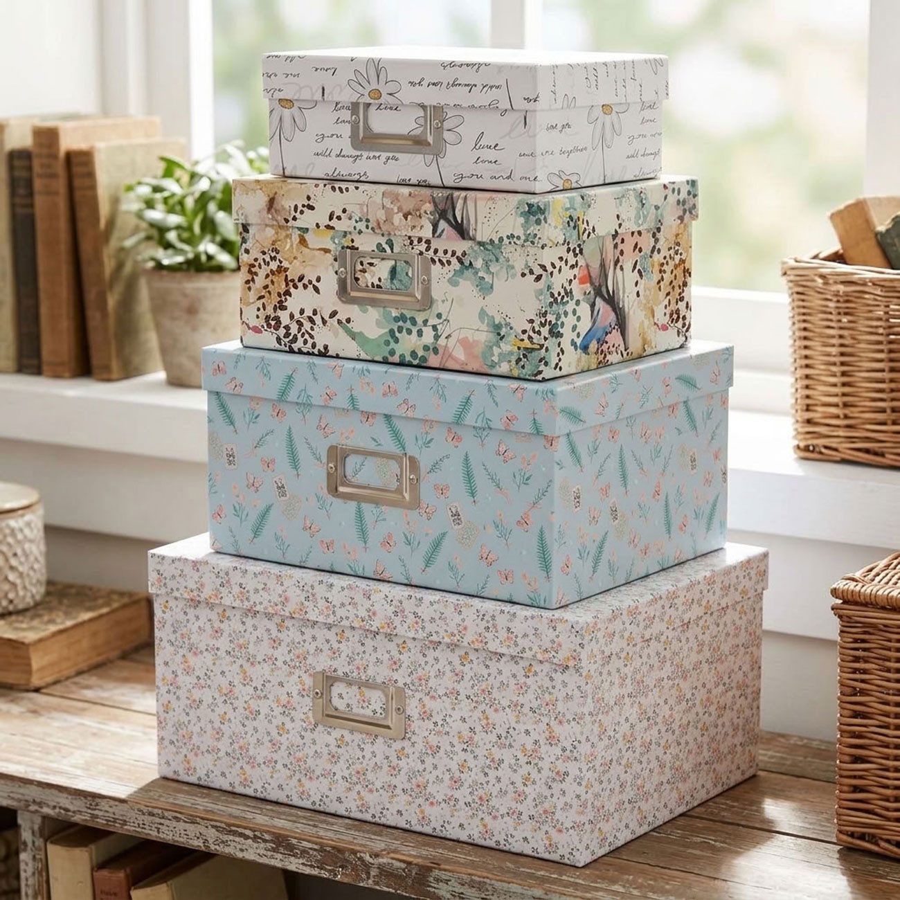 Home & styling collection Geschenkbox Geschenkboxen Beschriftungsfenster Aufbewahrungsbox Karton 4St. bunt (4 St., 4er-Set), in 4 Größen & buntem Design mit Beschriftungsfenster