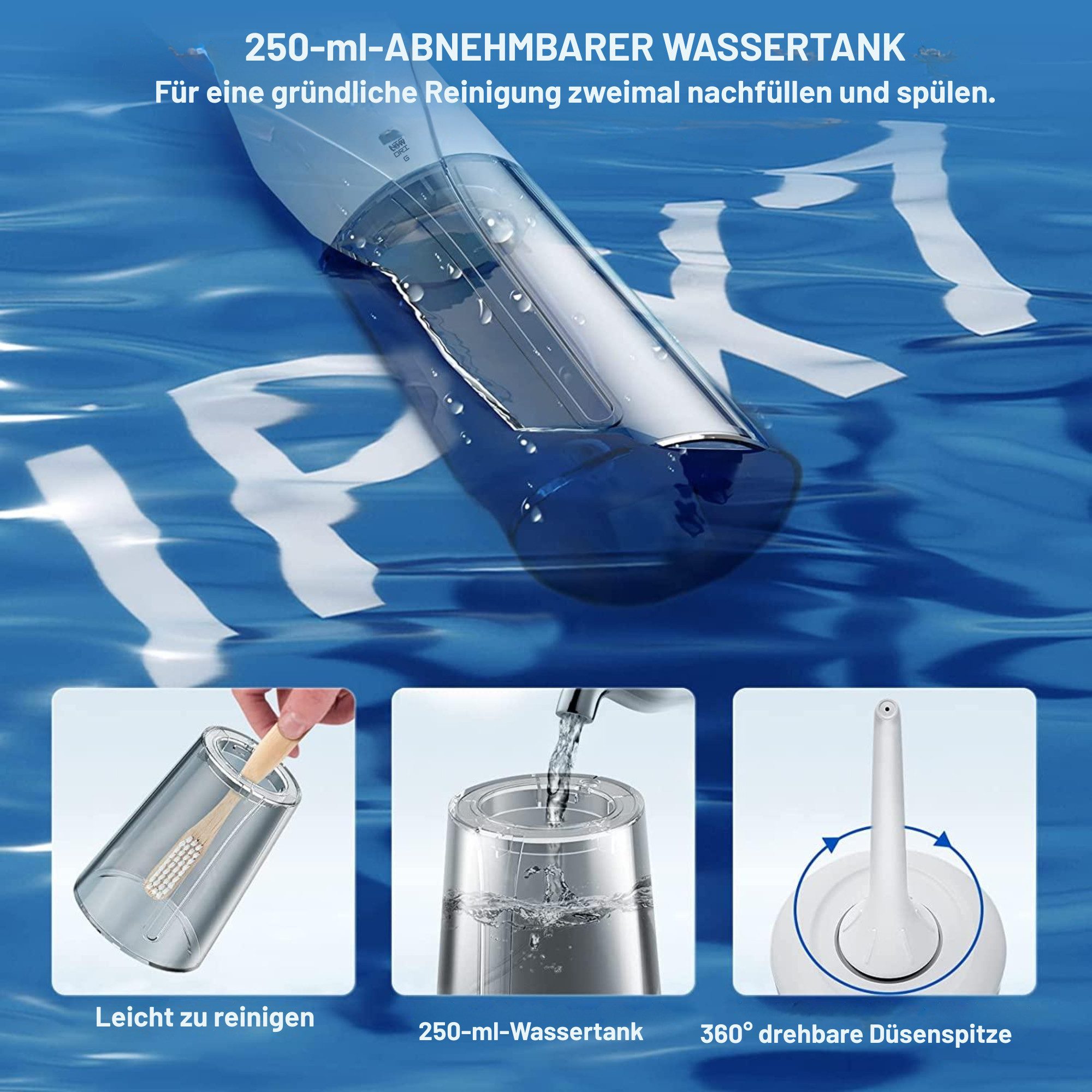 Vivitar Munddusche Wiederaufladbar mit 250 ml Wassertank, 3 Modi und 15 Druckstufen, für Zähne und Zahnzwischenräume Zahnreiniger4 Düsen, 360° Düse – Bild 5 von 5