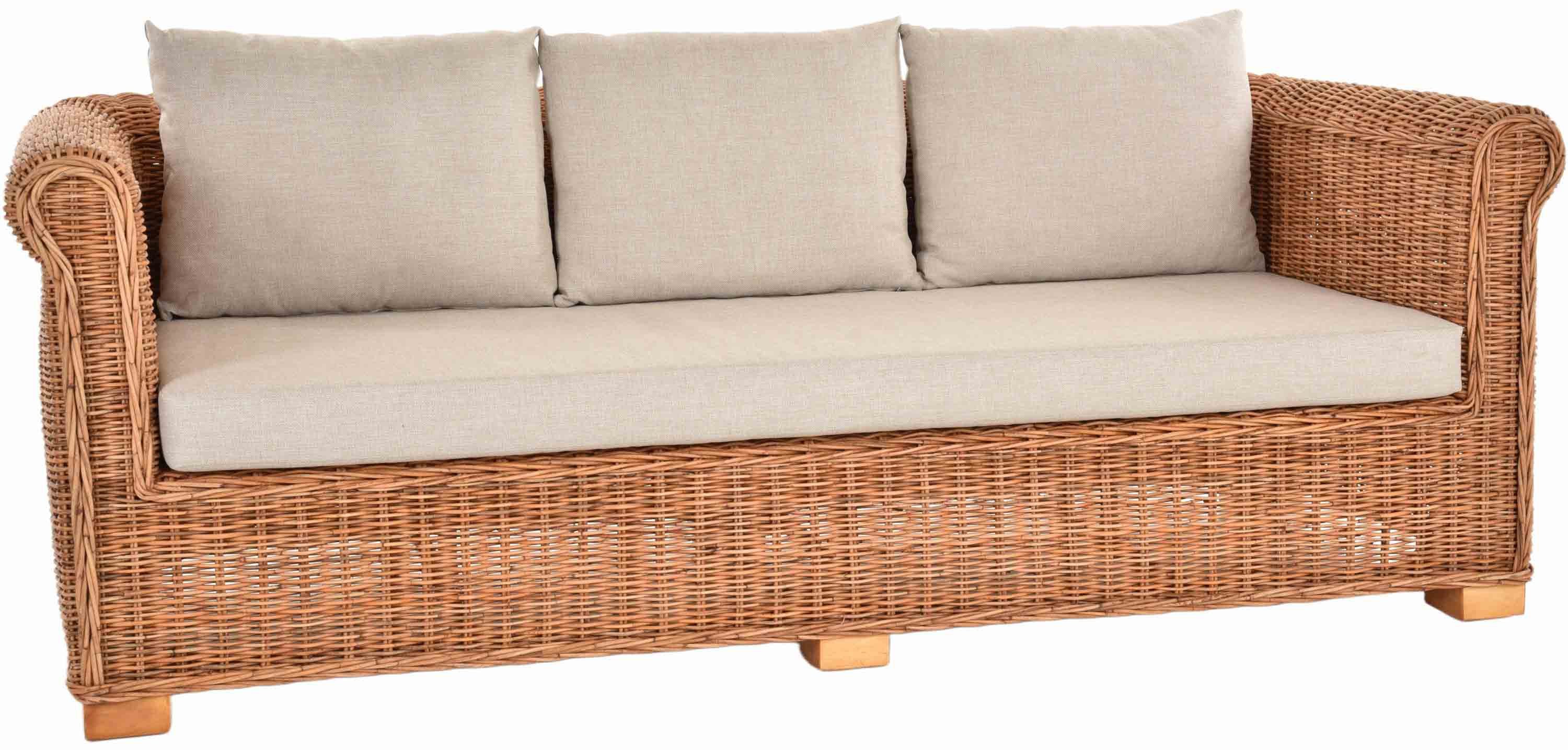 Krines Home Loungesofa Wohnzimmer-Sofa Nizza aus echtem, ungeschältem Rattan Lounge-Sofa, Dreisitzer mit Polster