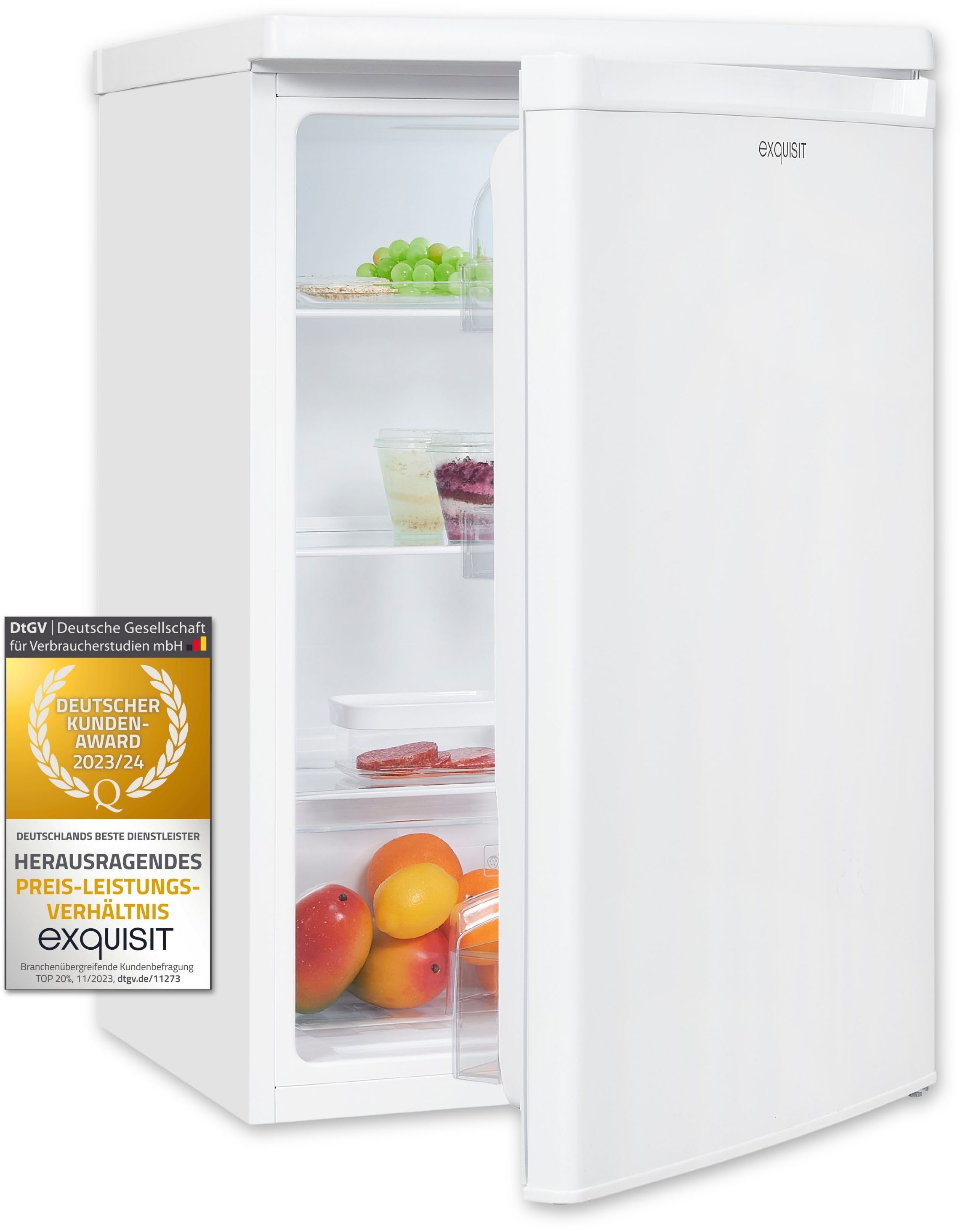 exquisit Kühlschrank KS16-V-040E weiss, 85 cm hoch, 55 cm breit, 127L Kühlschrank: flexibel, hell beleuchtet & mit praktischem Stauraum