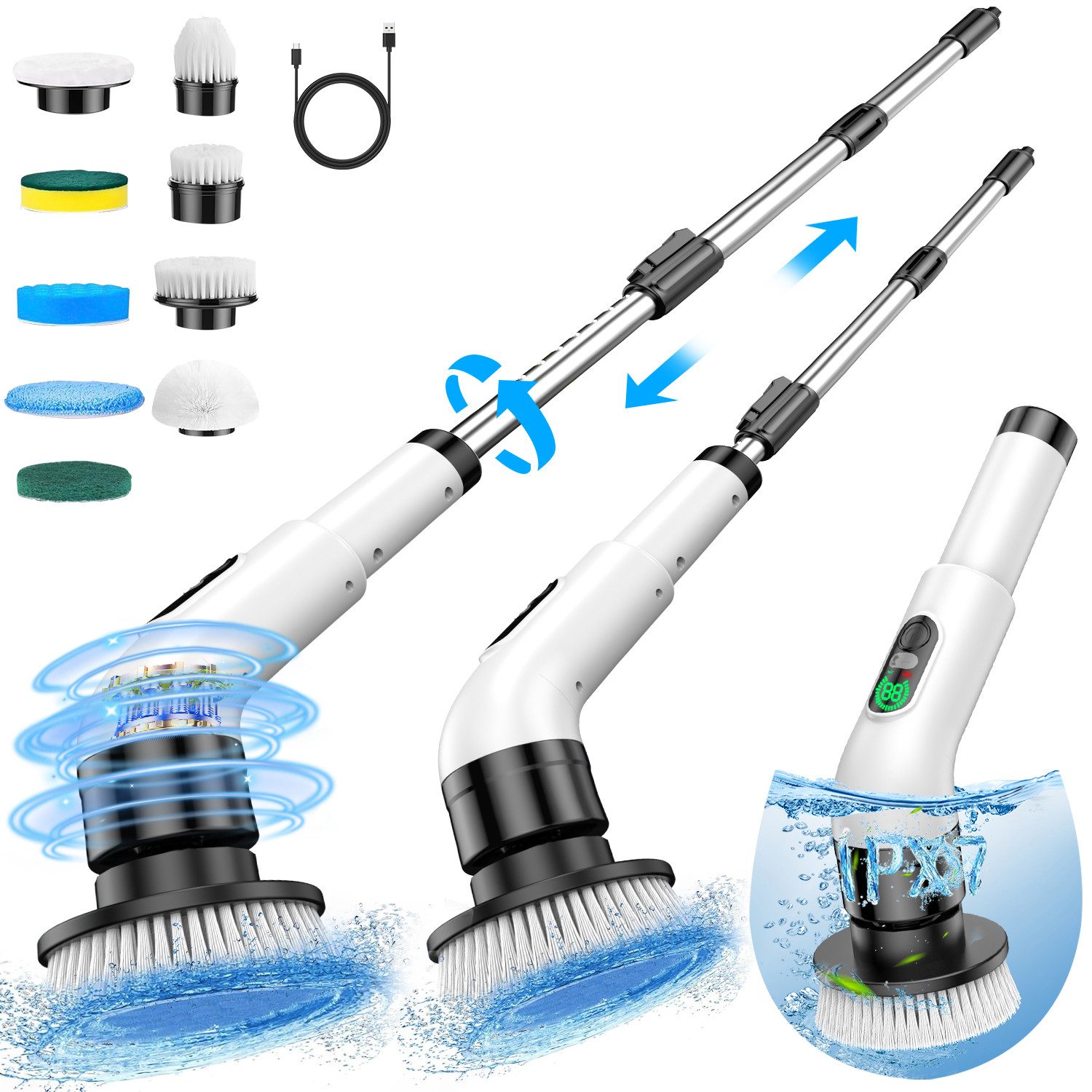 Tekoo Reinigungsbürste Elektrische Reinigungsbürste, Putzbürste Elektrisch mit 9 Bohrköpfen, Fliesen, Glas, Keramik, Fugen, Edelstahl, (Reinigungs-Set), LED-Akkustandsanzeige, Teleskopstiel, 9-in-1 Set, IPX7 wassergeschützt