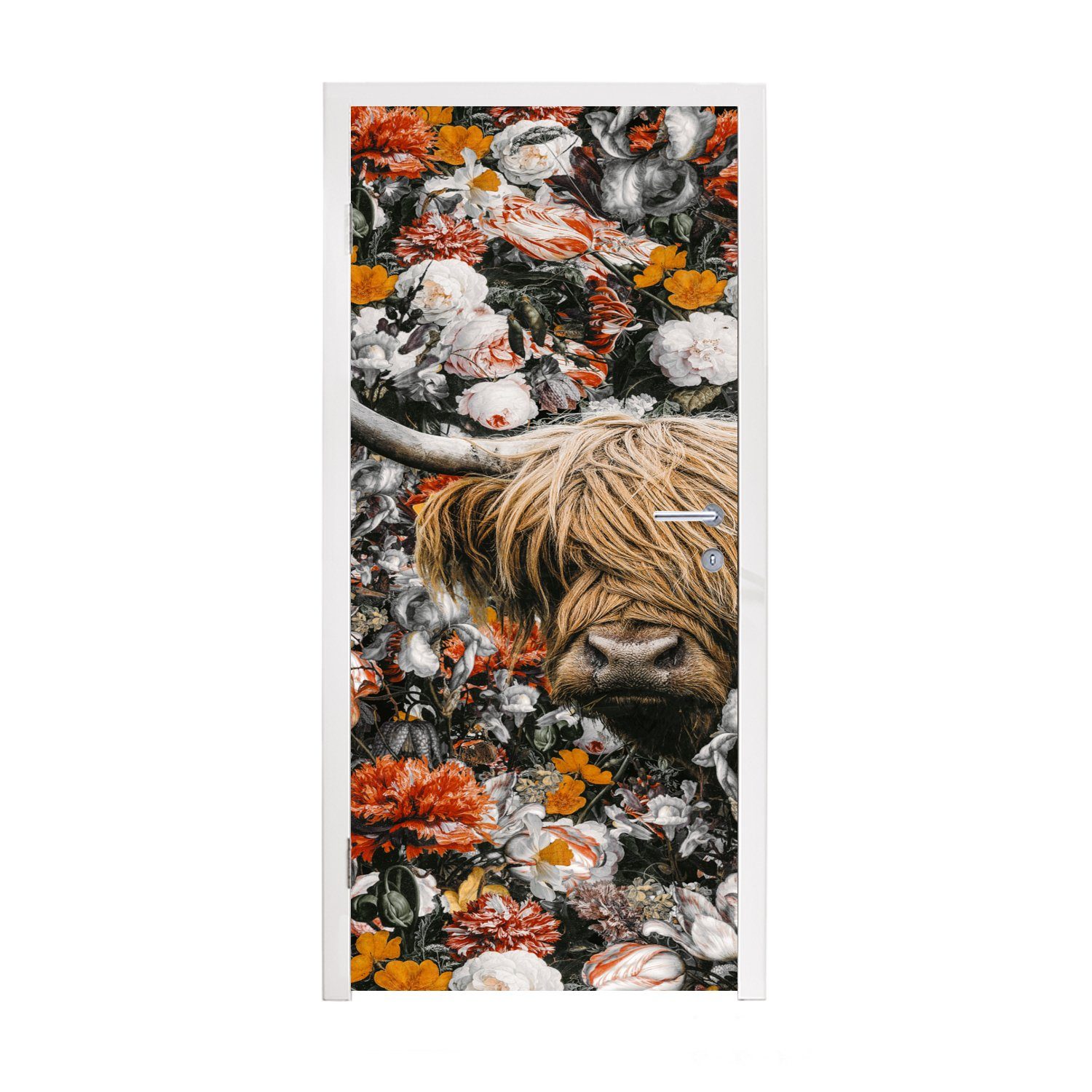 MuchoWow Türtapete Schottische Highlander - Tulpen - Rosen, Matt, bedruckt, (1 St), Fototapete für Tür, Türaufkleber, 75x205 cm