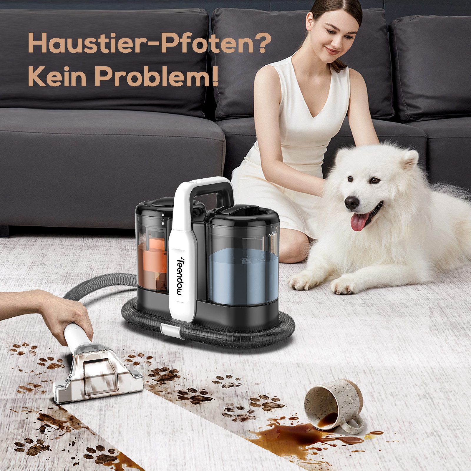 Teendow Wasch-Sauger Waschsauger Teppichreiniger Polsterreiniger, Nasssauger Sofa Reiniger, 500 W, Wassertank, 15 kPa Saugkraft, 1,5L+0,8L Doppeltank, 5 m Kabel