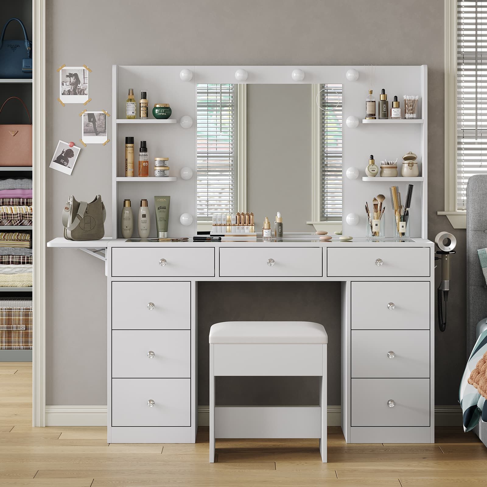 Yanosaku Schminktisch mit Spiegel & LED, 9 Schubladen, Make-up Tisch für Schlafzimmer (1-St), 120x40x140cm