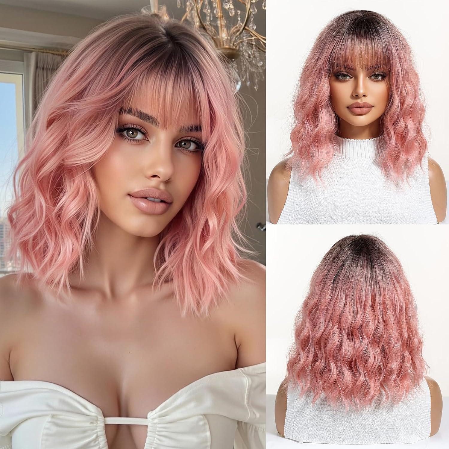 LuxusKollektion Kunsthaarperücke Perücke Bob rosa kurz gewellt Pony synthetisch Ombre rose(6354-1)