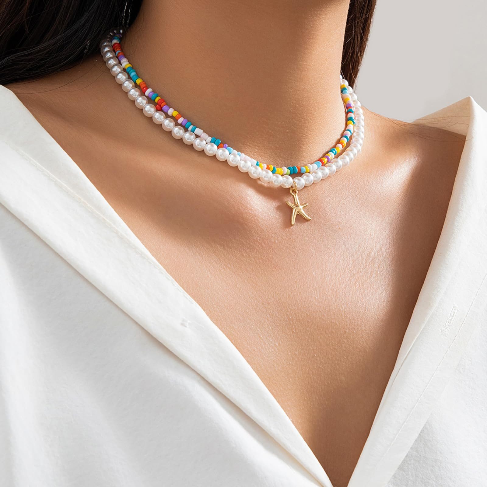 MOPUEA Kette mit Anhänger Bohemian Seestern Halskette, Strand Perlen, verstellbare Halskette (Anhänger Choker Y2K Schmuck Accessoires Geschenke für Frauen, 2-tlg), Sommer Schmuck Bunte Perlen Seestern Halskette Accessoires Outfits