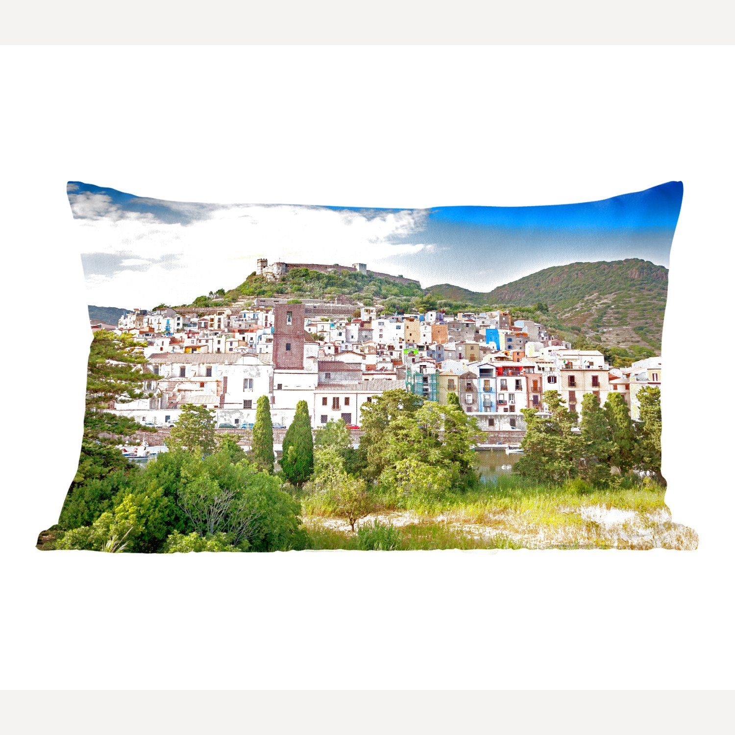 MuchoWow Dekokissen Der Blick auf die bunte Stadt auf Sardinien, Wohzimmer Dekoration, Zierkissen, Dekokissen mit Füllung, Schlafzimmer