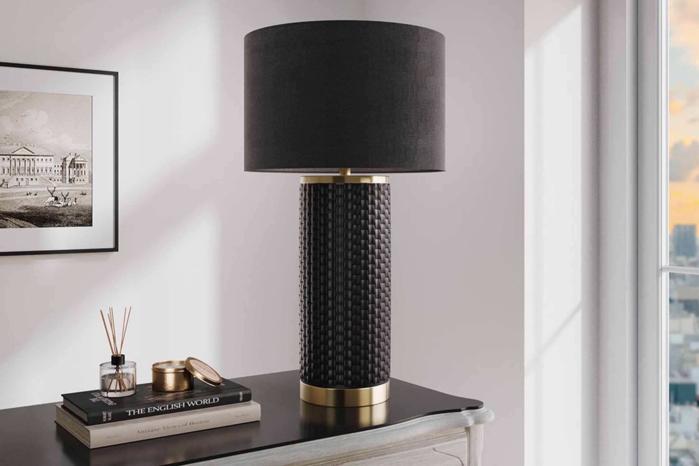 Licht-Erlebnisse Nachttischlampe PABLO, ohne Leuchtmittel, Keramik Stoff 70 cm hoch in Schwarz Gold E27 Modern
