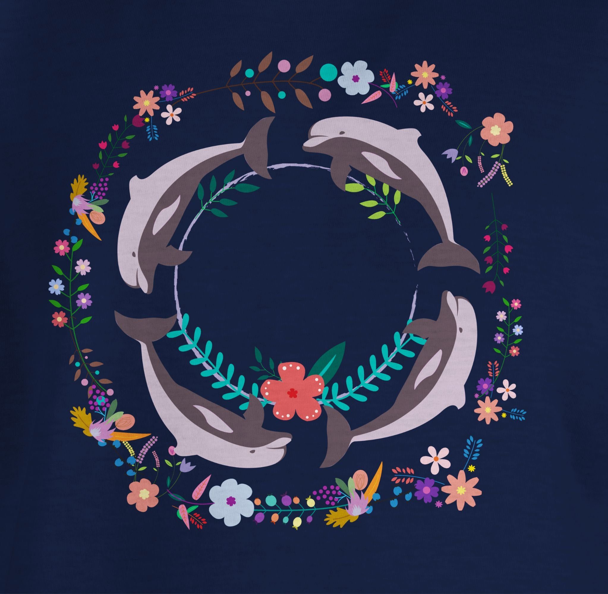 Animal T-Shirt Tiermotiv Dunkelblau Shirtracer 2 Vintage Flowers Print Blumen Delfine Dolphin