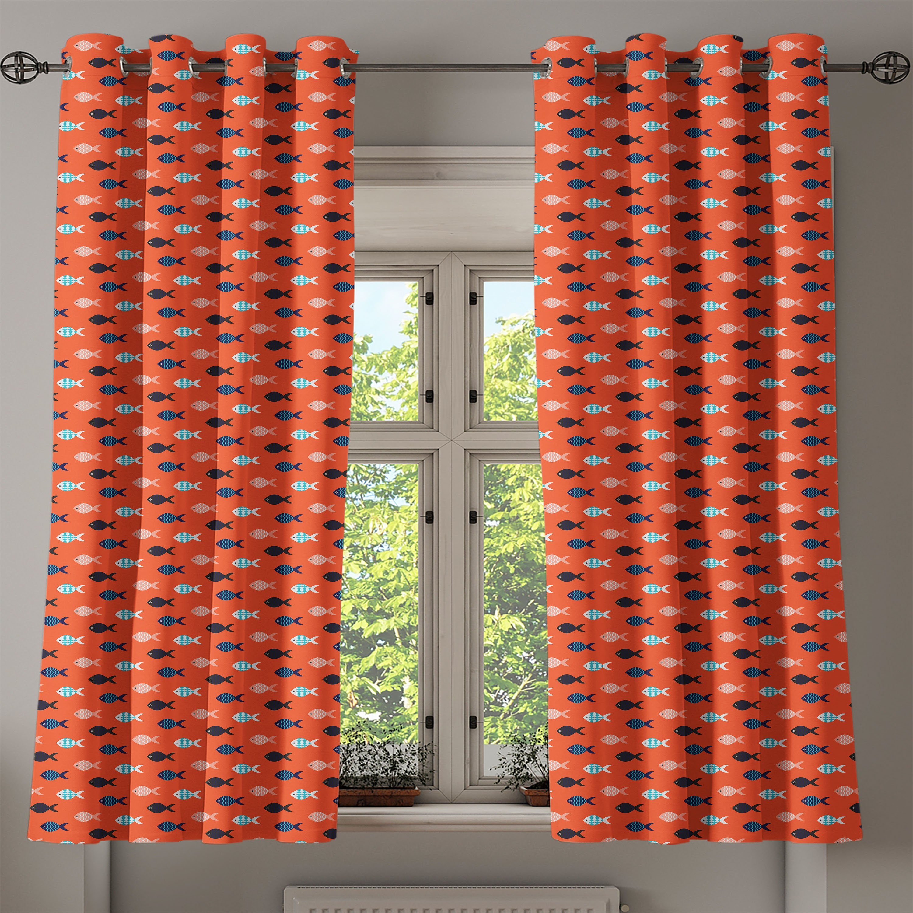 Fischschwarm 2-Panel-Fenstervorhänge Orange für Dekorative Gardine Wohnzimmer, Bunte Abakuhaus, Schlafzimmer