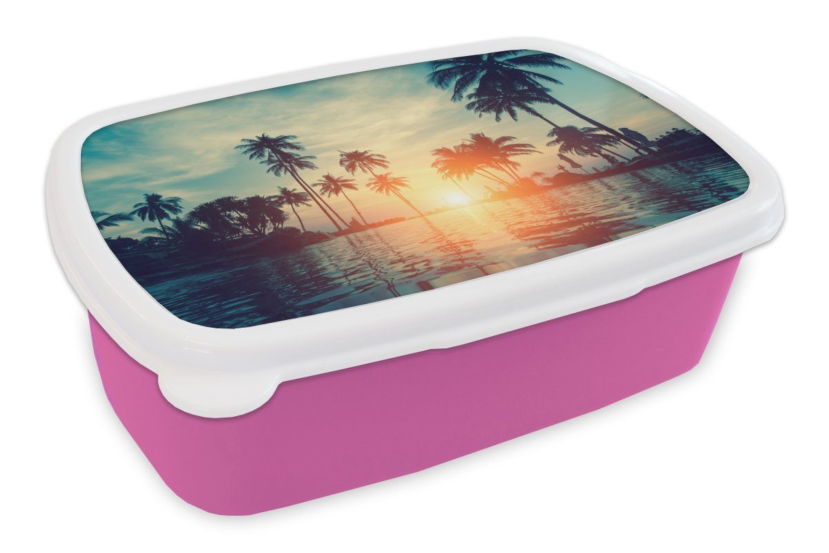MuchoWow Lunchbox Meer - Sonnenuntergang - Palme - Wolken, Kunststoff, (2-tlg), Brotbox für Erwachsene, Brotdose Kinder, Snackbox, Mädchen, Kunststoff rosa
