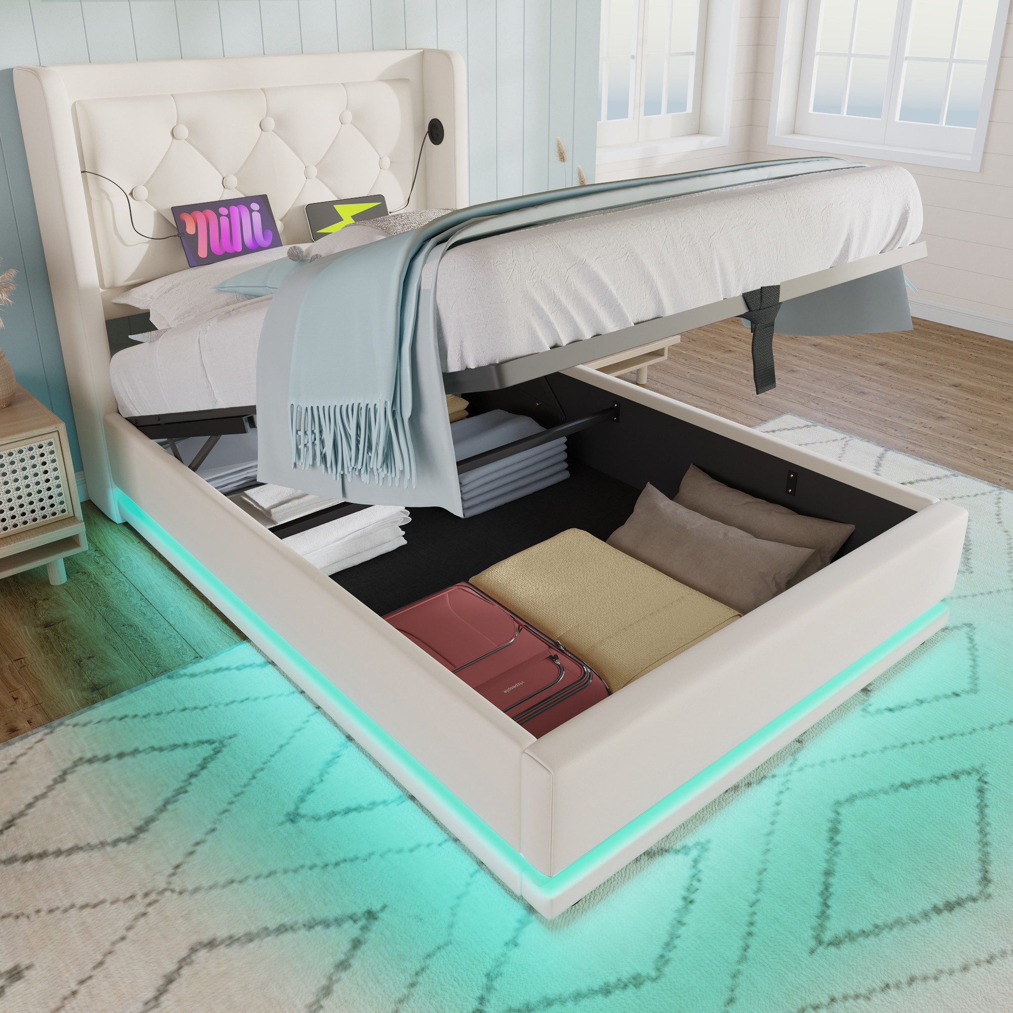 Flieks Polsterbett, LED Hydraulisches Stauraumbett Einzelbett 90x200cm mit günstig online kaufen