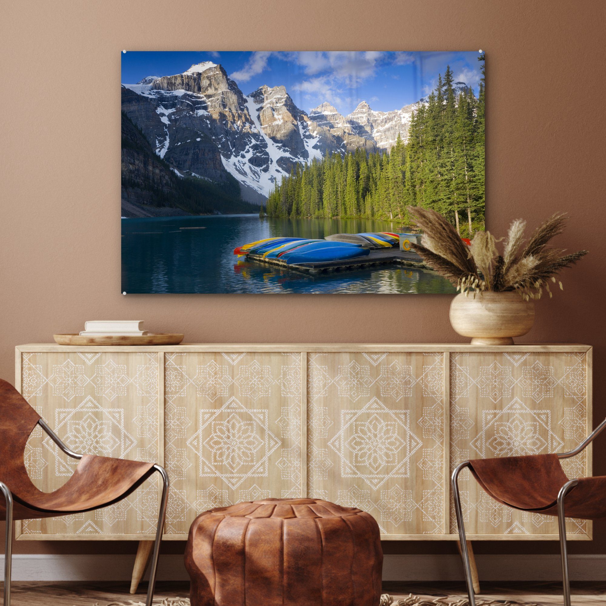 MuchoWow Acrylglasbild Kanus Banff-Nationalpark Wohnzimmer in Kanada, (1 Schlafzimmer & im St), Acrylglasbilder