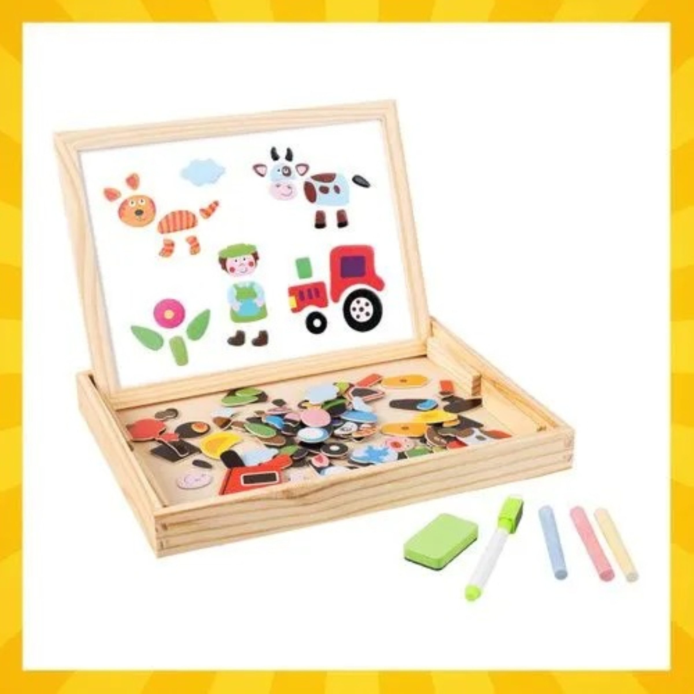 KRUZZEL Magnettafel Magnettafel Kinder doppelseitig Holz Lernbrett 108 Teile Kreidetafel, (Kinder Magnettafel mit Zubehör, 108-tlg., Magnettafel Set mit 108 Magneten Kreide Marker und Holzbox), doppelseitig magnetisch Holzbox 108 Teile Kreidetafel Whiteboard