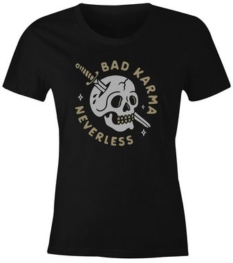 Neverless Print-Shirt Damen T-Shirt Bikermotiv Skull Bad Karma Schriftzug Fashion Streetstyle Fashion Streetstyle Slim Fit Neverless® mit Print