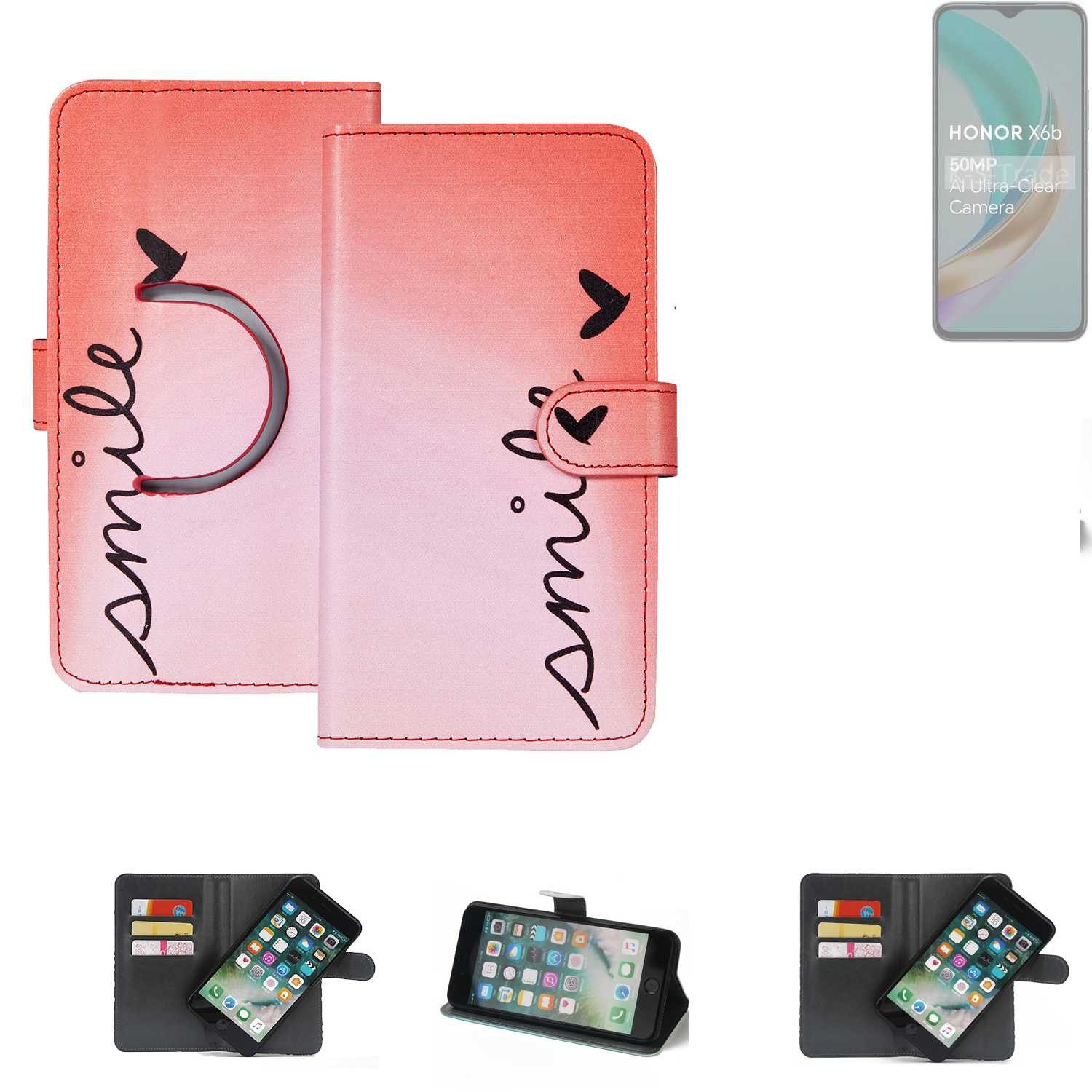 K-S-Trade Handyhülle für Honor X6b, Schutzhülle Handyhülle Hülle cover bookstyle Etui ''smile'' rot