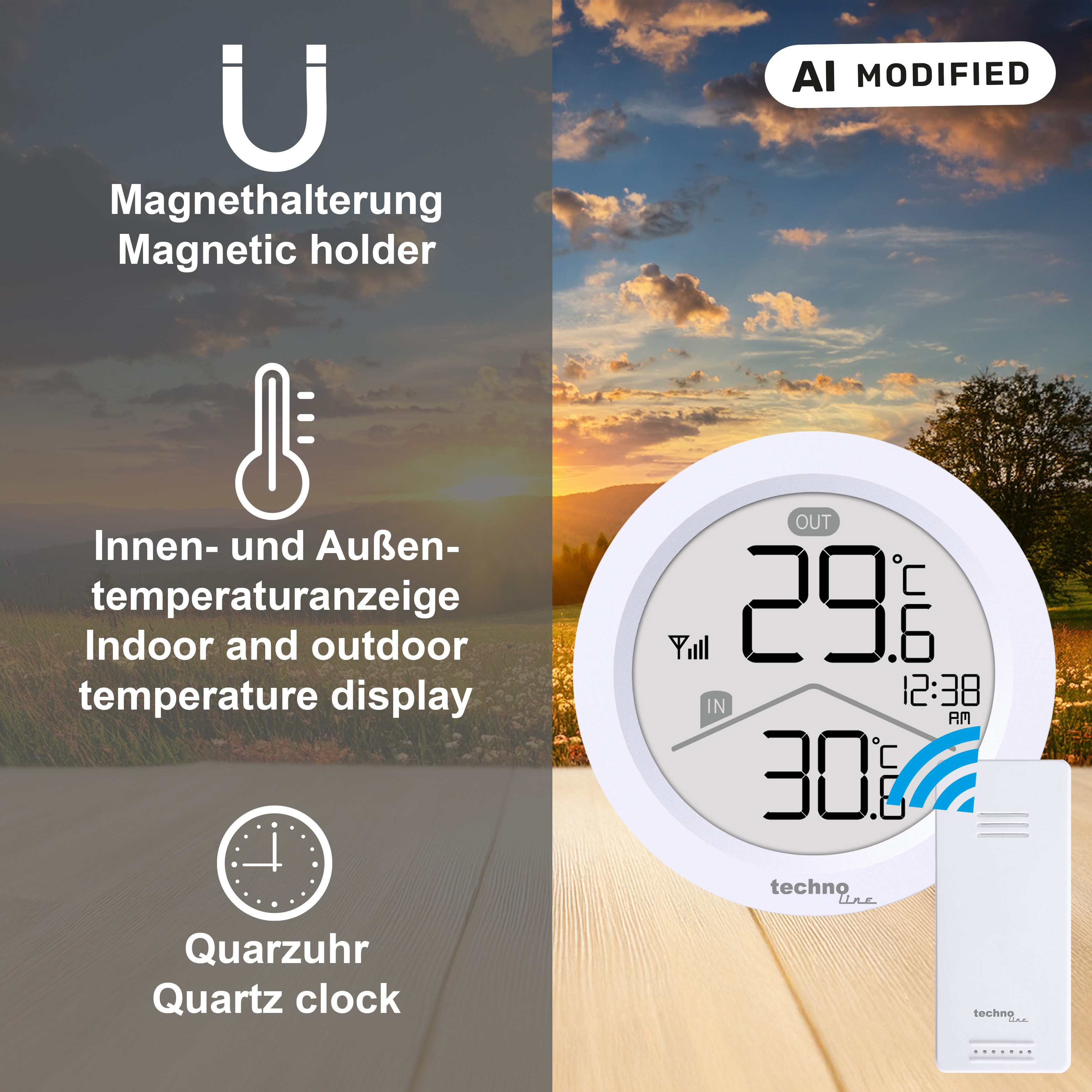 technoline Raumthermometer WS 9168, mit Magnethalterung und Außensender