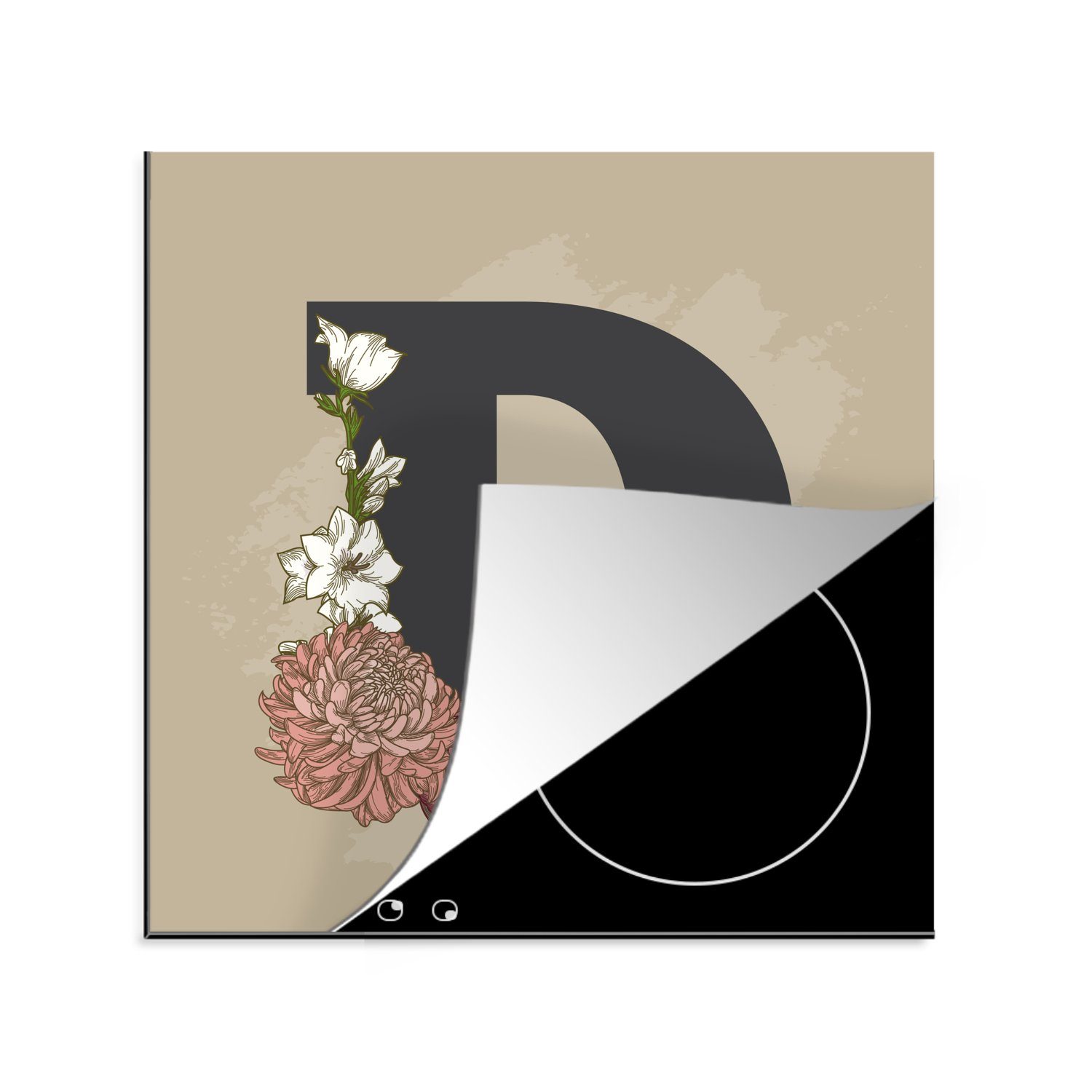 MuchoWow Herdblende-/Abdeckplatte Eine Illustration des Buchstabens D mit Pflanzen, Vinyl, (1 tlg), 78x78 cm, Ceranfeldabdeckung, Arbeitsplatte für küche