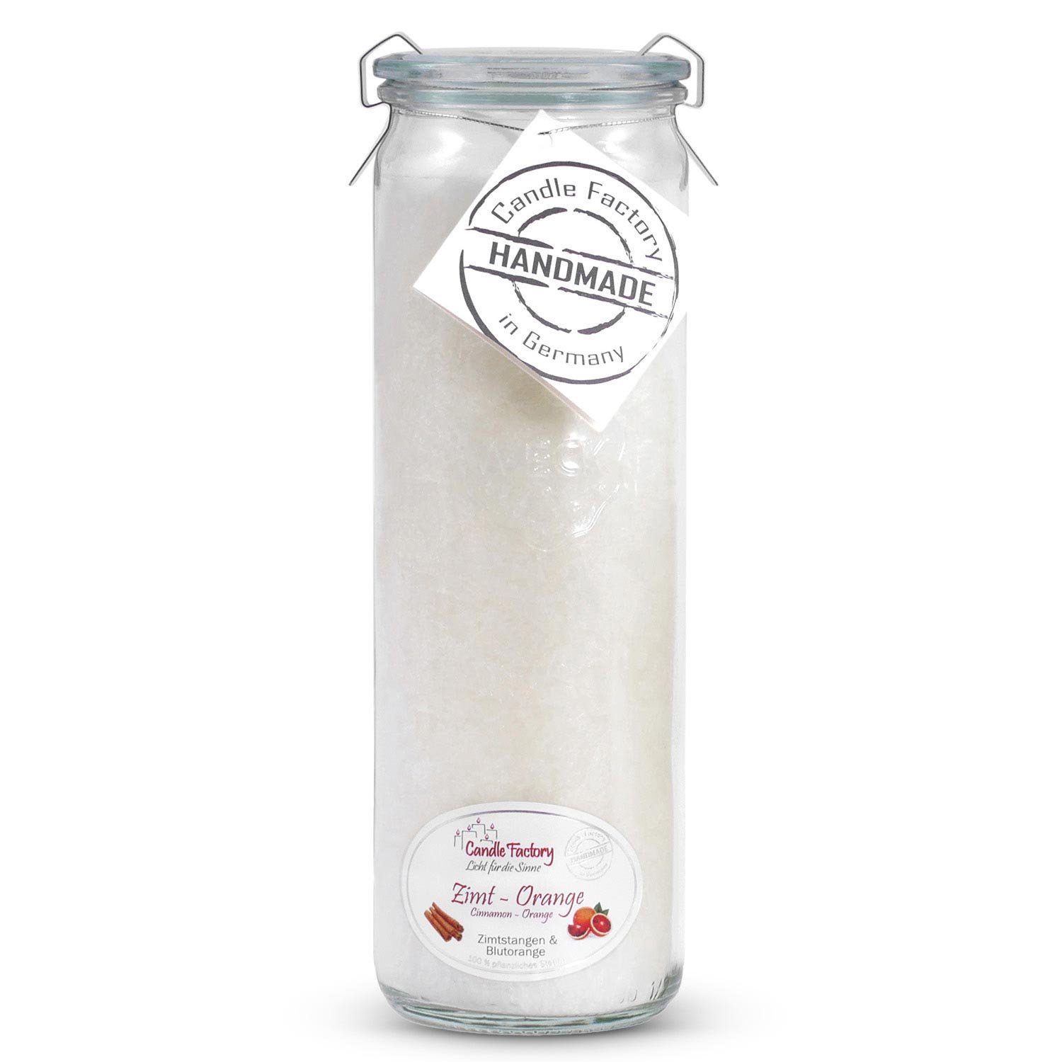 Landshop24 Duftkerze Candle-Factory Duftkerze aus Stearin im Weckglas Big Jumbo (Duft "Zimt Orange), brennt bis zu 100h