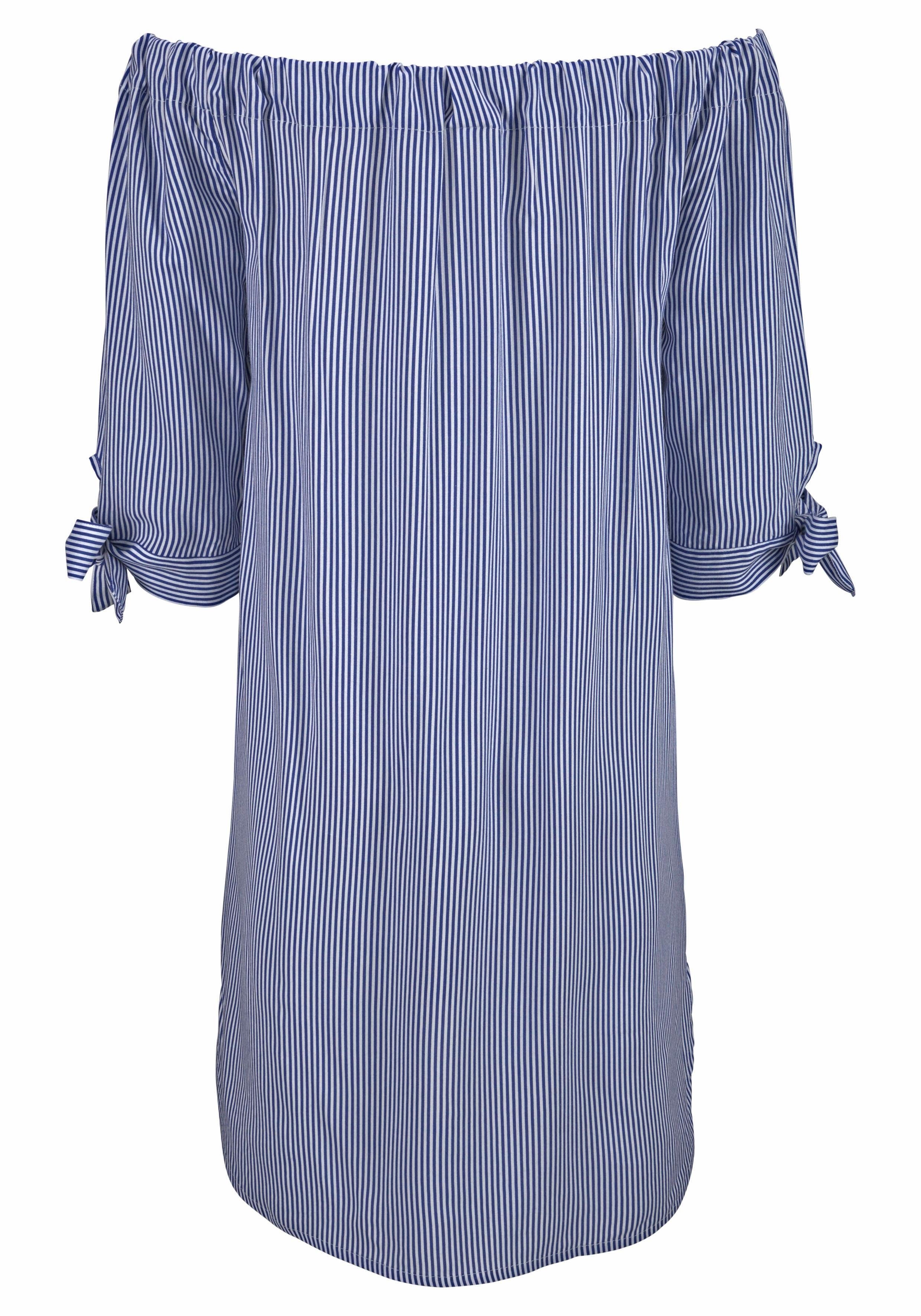 LASCANA Strandkleid mit Carmenausschnitt und 3/4-Ärmeln aus gewebter Viskose, Blusenkleid luftiges Sommerkleid, Streifenkleid mit lockerer Passform, casual
