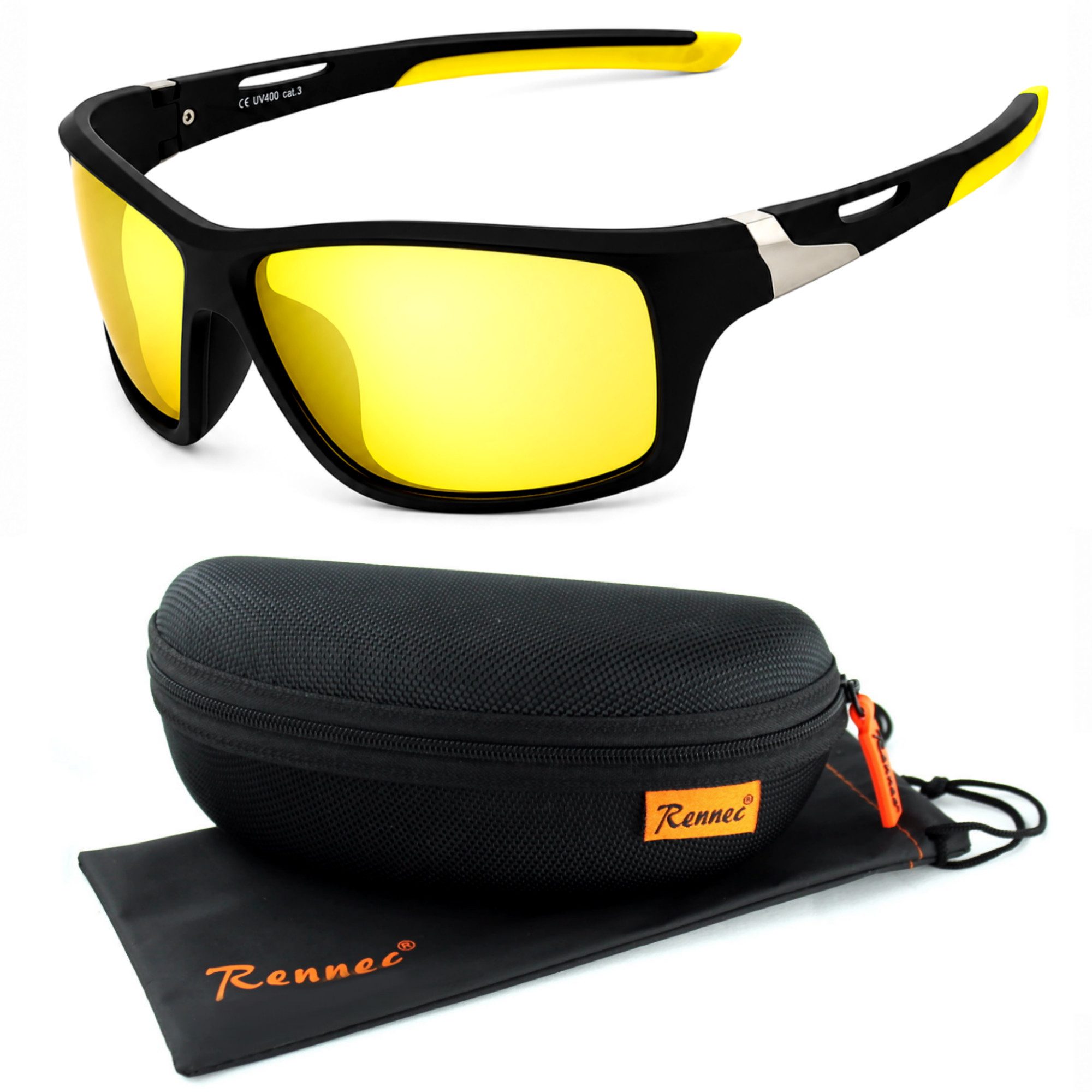 Rennec Sonnenbrille Herren Sportbrille Radbrille Polarisiert mit Outdoor Hardcase Gläser Schwarz Getönt, Rot oder Blau Verspiegelt, Gelb Night Vision