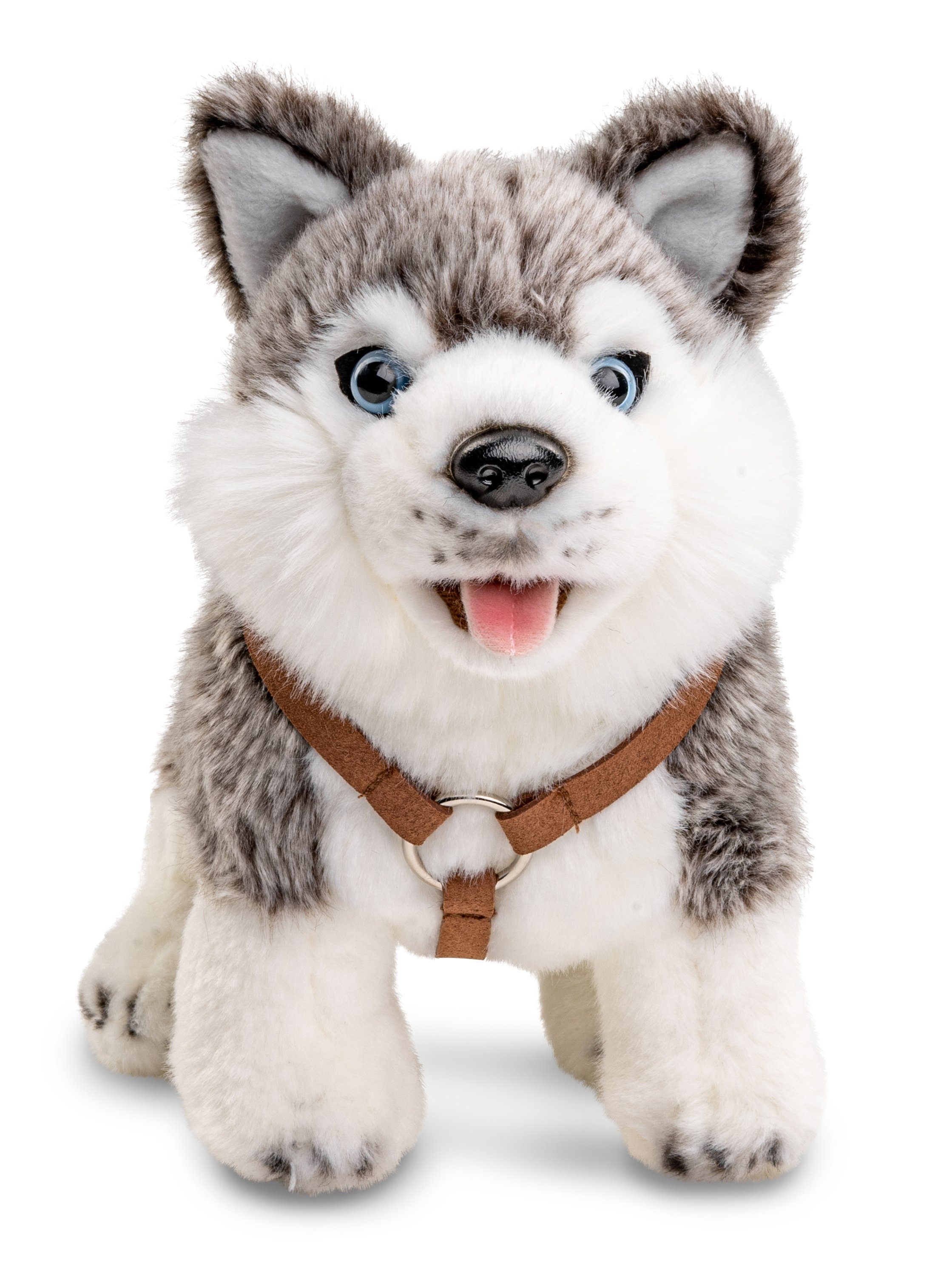 Uni-Toys Kuscheltier Husky Welpe, stehend (mit Geschirr) - 24 cm - Plüsch-Hund, Plüschtier, zu 100 % recyceltes Füllmaterial