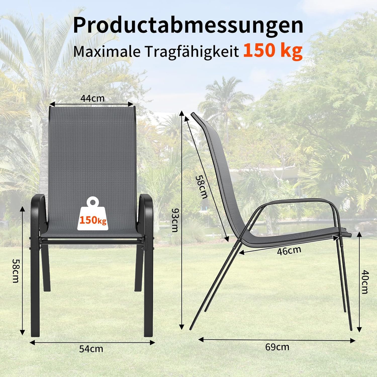 TLGREEN Stapelstuhl Gartenstühle Stapelstuhl,Camping Stapelbar Hochlehner, (Terrassenstuhl Textilene Stahlgestell für Gärten Innenhöfe Balkone Restaurants, 4 St – Bild 3 von 5