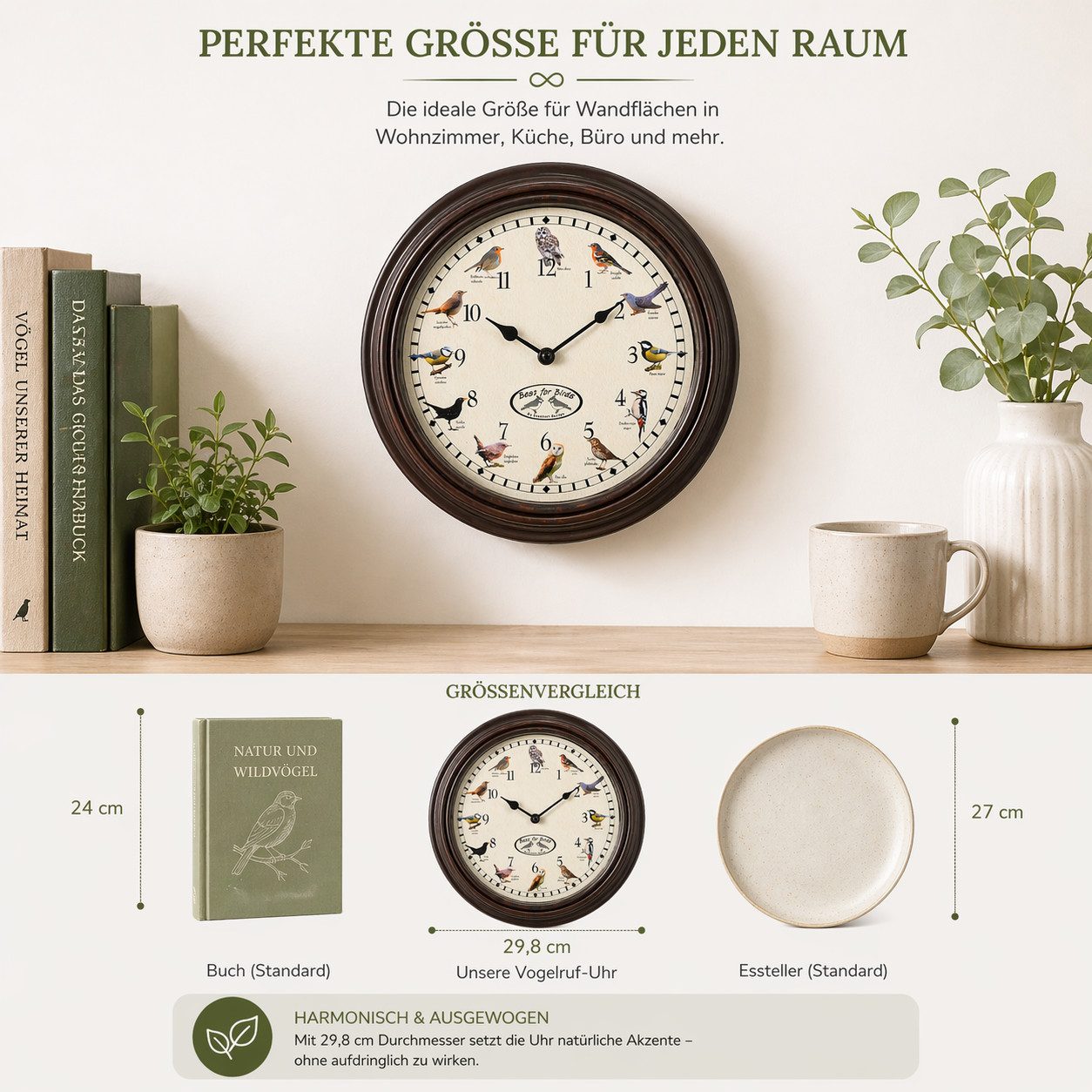 esschert design Wanduhr Wanduhr mit Vogelgezwitscher, 29,8 cm, mit 12 Vogelrufen (Uhr mit Vogelgezwitscher) – Bild 4 von 5